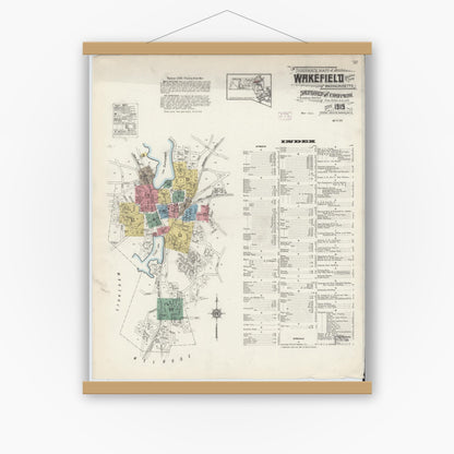 Old map wall art mockup — magnetic wood frame on white wall — Sanborn Fire Insurance Map from Wakefield, Middlesex County, Massachusetts (1915), Sheet #0001