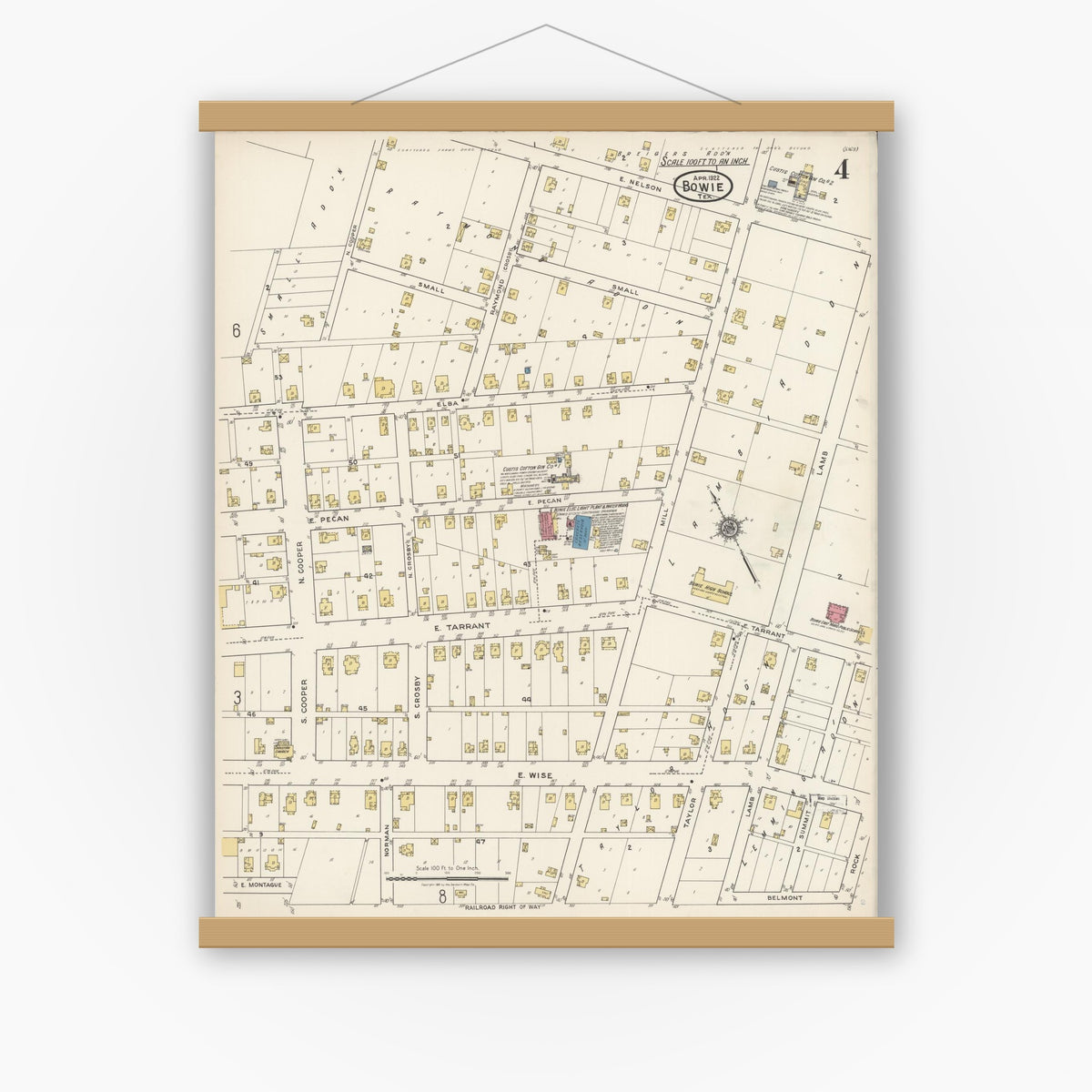 Old map wall art mockup — magnetic wood frame on white wall — Sanborn Fire Insurance Map from Bowie, Montague County, Texas (1922), Sheet #0004