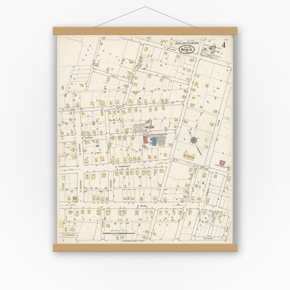 Old map wall art mockup — magnetic wood frame on white wall — Sanborn Fire Insurance Map from Bowie, Montague County, Texas (1922), Sheet #0004