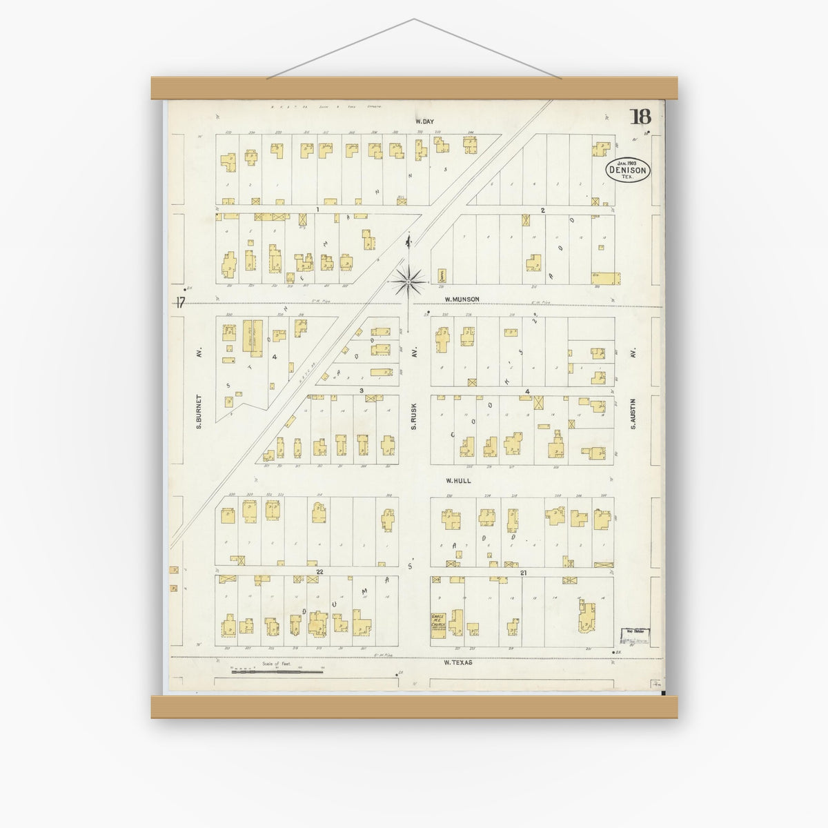 Old map wall art mockup — magnetic wood frame on white wall — Sanborn Fire Insurance Map from Denison, Grayson County, Texas (1903), Sheet #0018