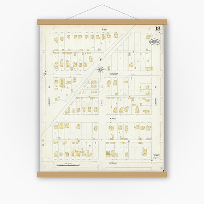 Old map wall art mockup — magnetic wood frame on white wall — Sanborn Fire Insurance Map from Denison, Grayson County, Texas (1903), Sheet #0018