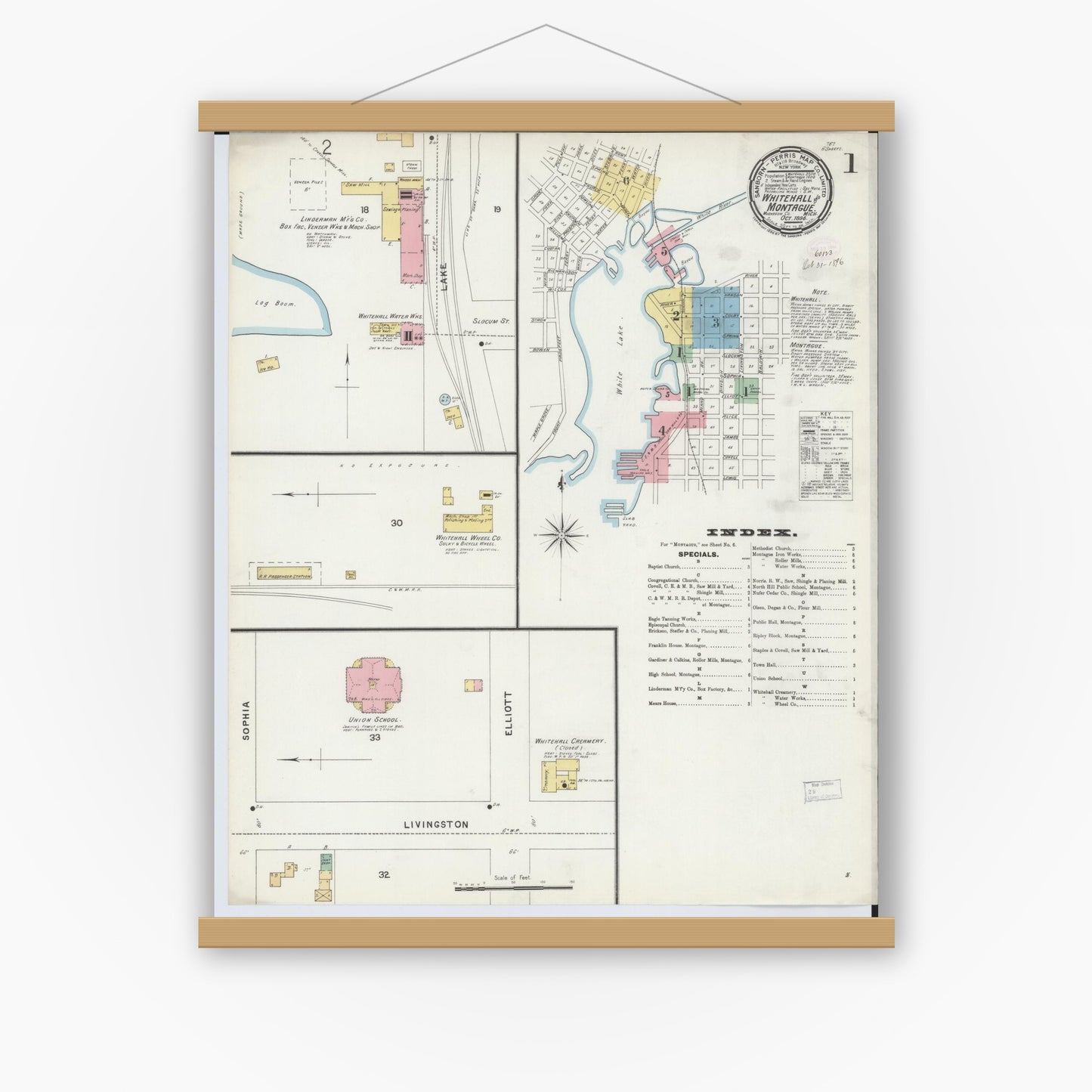 Old map wall art mockup — magnetic wood frame on white wall — Sanborn Fire Insurance Map from Whitehall, Muskegon County, Michigan (1896) - Complete Map Set
