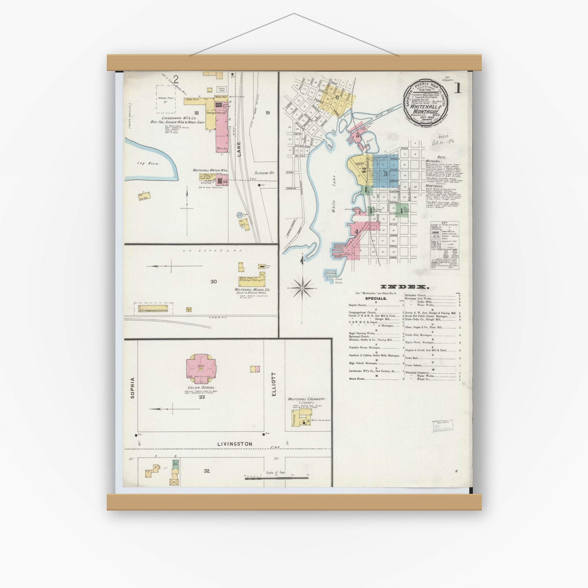 Old map wall art mockup — magnetic wood frame on white wall — Sanborn Fire Insurance Map from Whitehall, Muskegon County, Michigan (1896) - Complete Map Set
