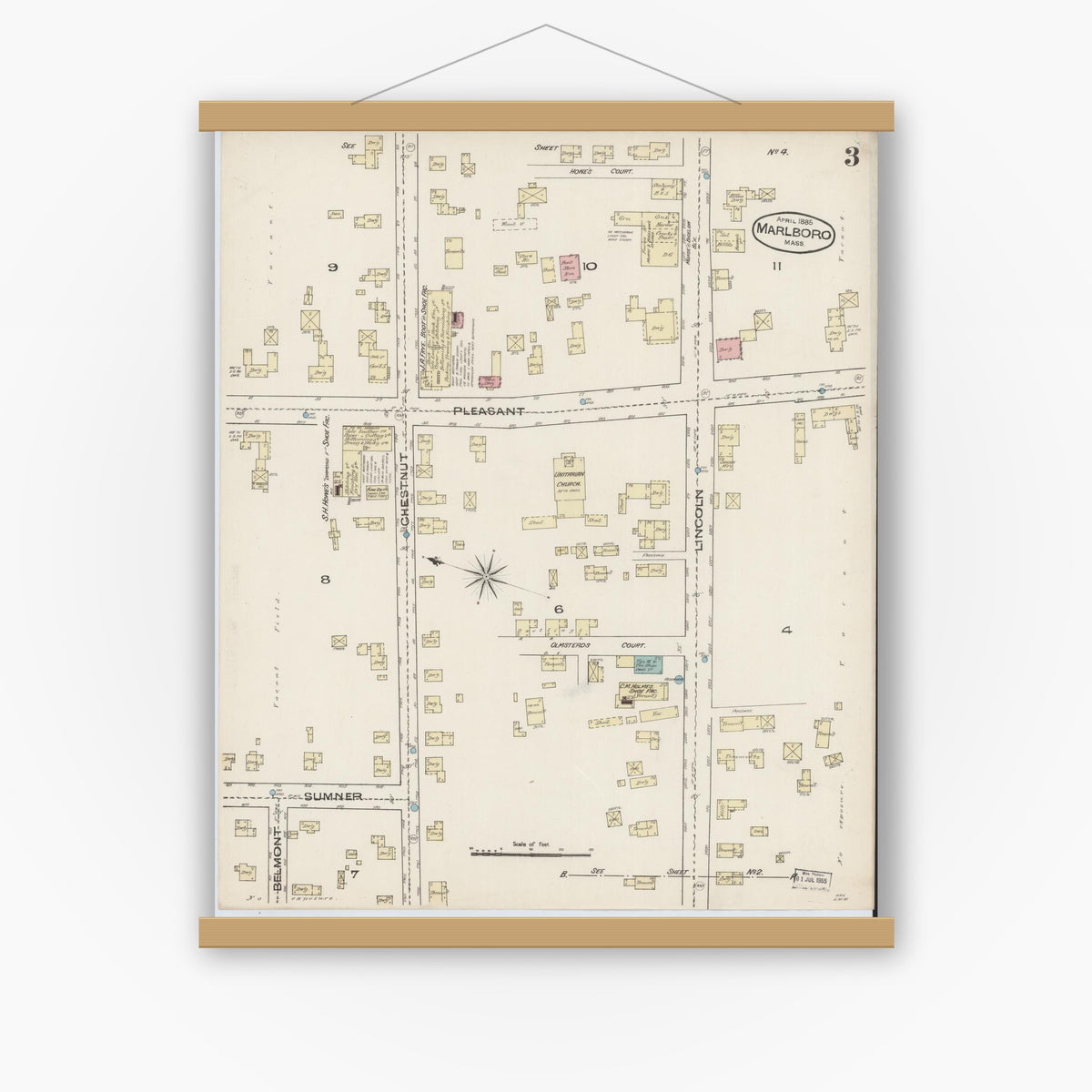 Old map wall art mockup — magnetic wood frame on white wall — Sanborn Fire Insurance Map from Marlborough, Middlesex County, Massachusetts (1885), Sheet #0003
