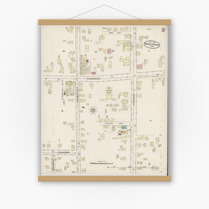Old map wall art mockup — magnetic wood frame on white wall — Sanborn Fire Insurance Map from Marlborough, Middlesex County, Massachusetts (1885), Sheet #0003