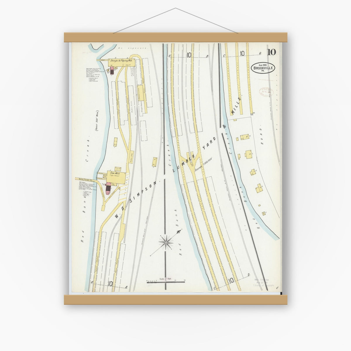 Old map wall art mockup — magnetic wood frame on white wall — Sanborn Fire Insurance Map from Brookville, Jefferson County, Pennsylvania (1899), Sheet #0010