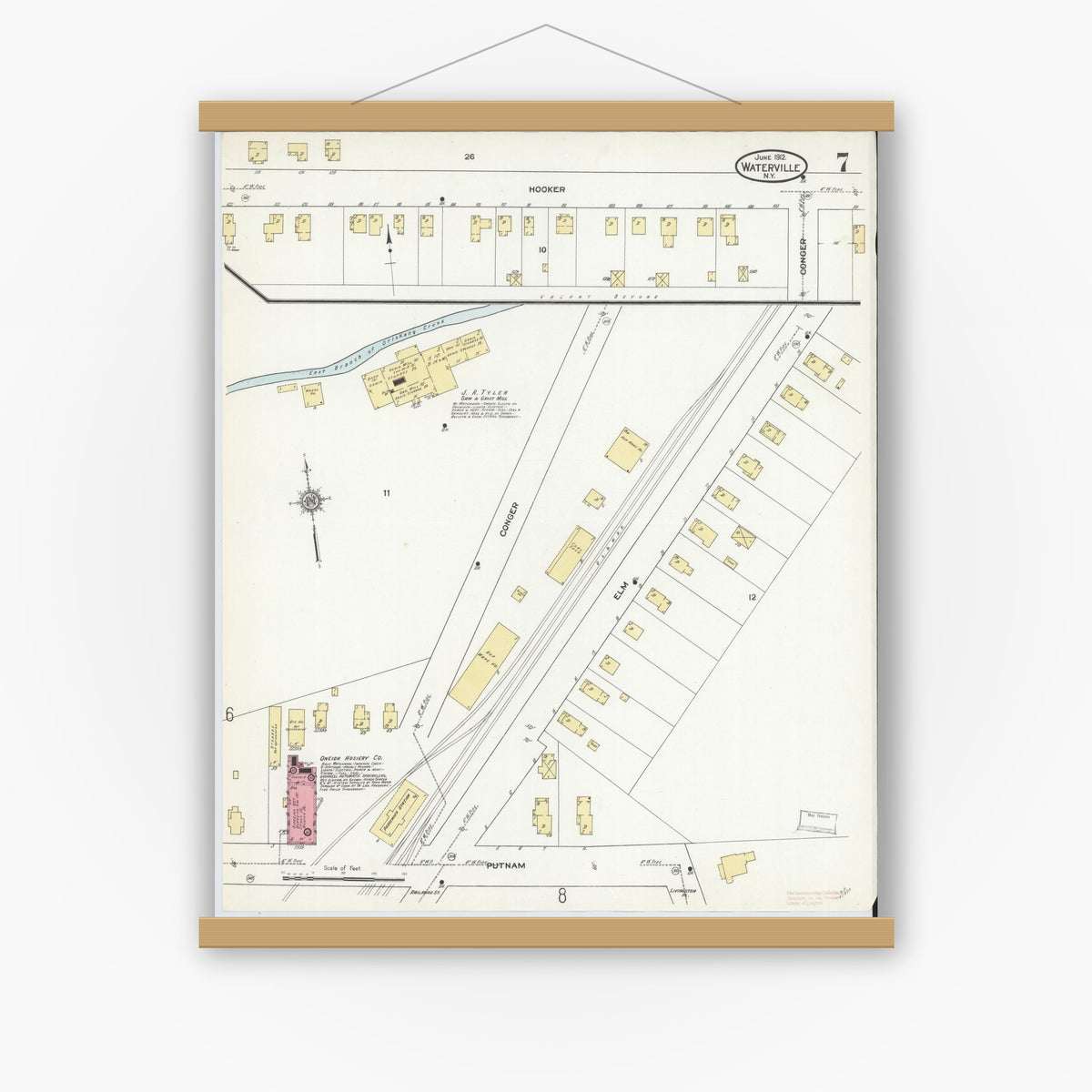Old map wall art mockup — magnetic wood frame on white wall — Sanborn Fire Insurance Map from Waterville, Oneida County, New York (1912), Sheet #0007