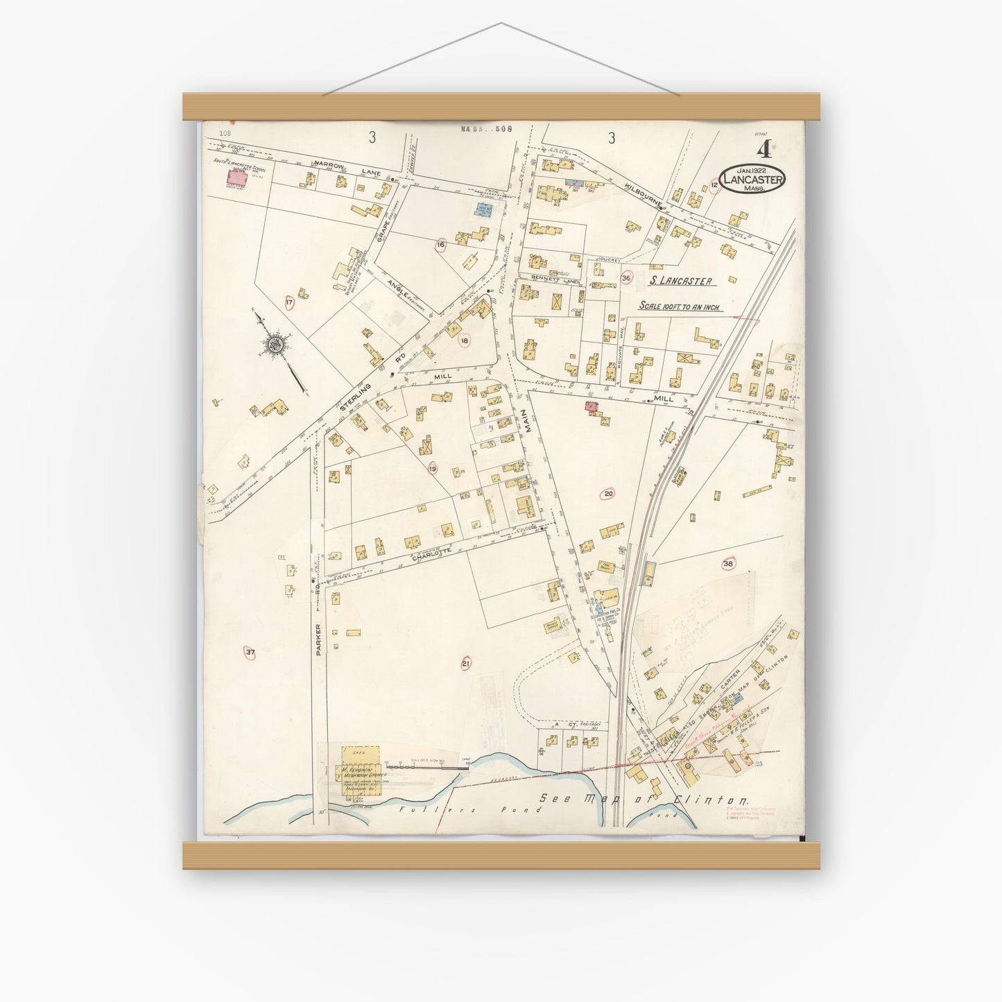 Old map wall art mockup — magnetic wood frame on white wall — Sanborn Fire Insurance Map from Lancaster, Worcester County, Massachusetts (1945), Sheet #0004