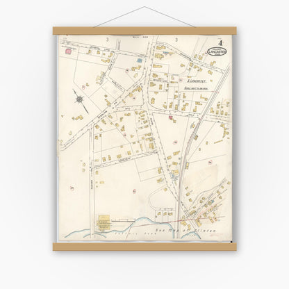Old map wall art mockup — magnetic wood frame on white wall — Sanborn Fire Insurance Map from Lancaster, Worcester County, Massachusetts (1945), Sheet #0004