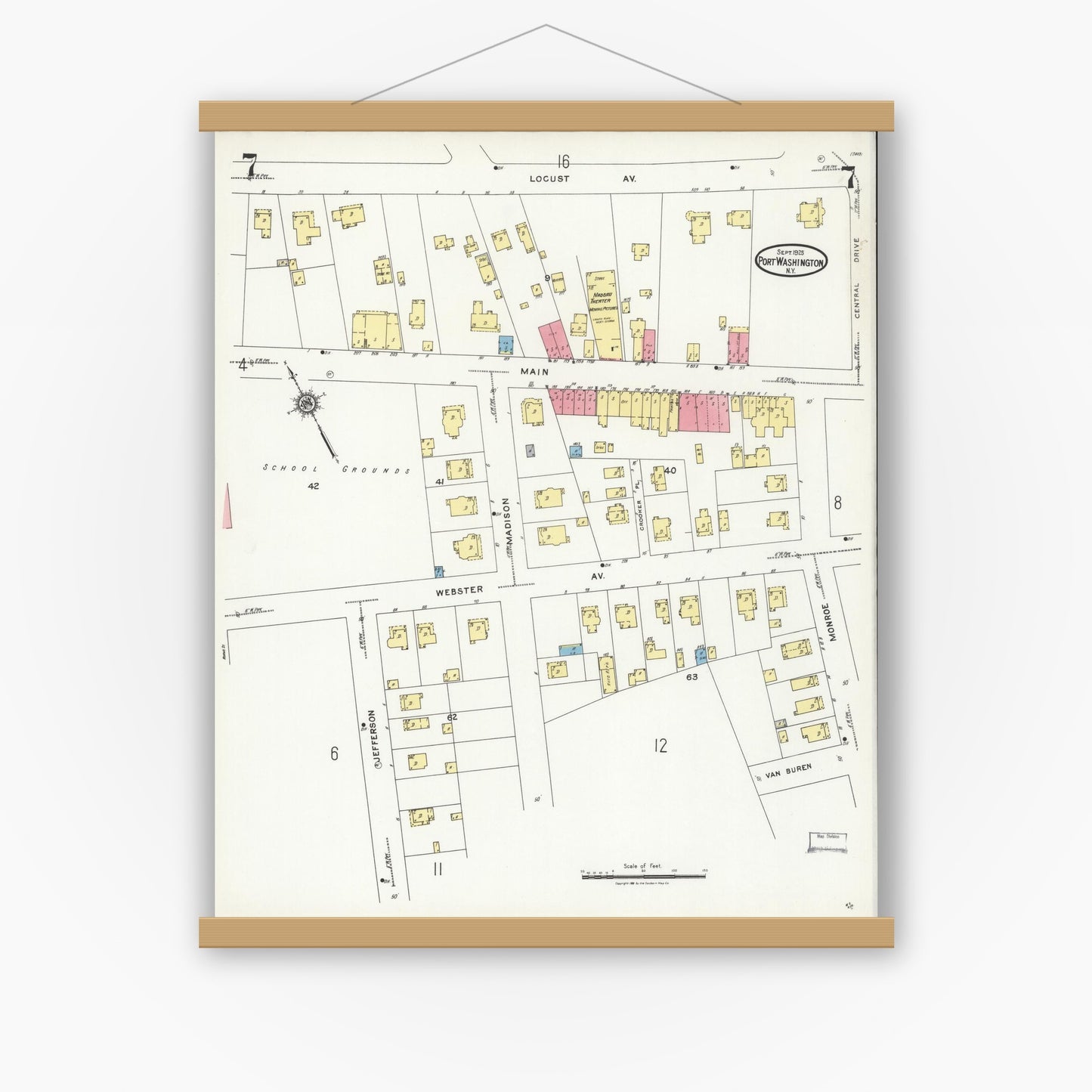 Old map wall art mockup — magnetic wood frame on white wall — Sanborn Fire Insurance Map from Port Washington, Nassau County, New York (1925), Sheet #0007