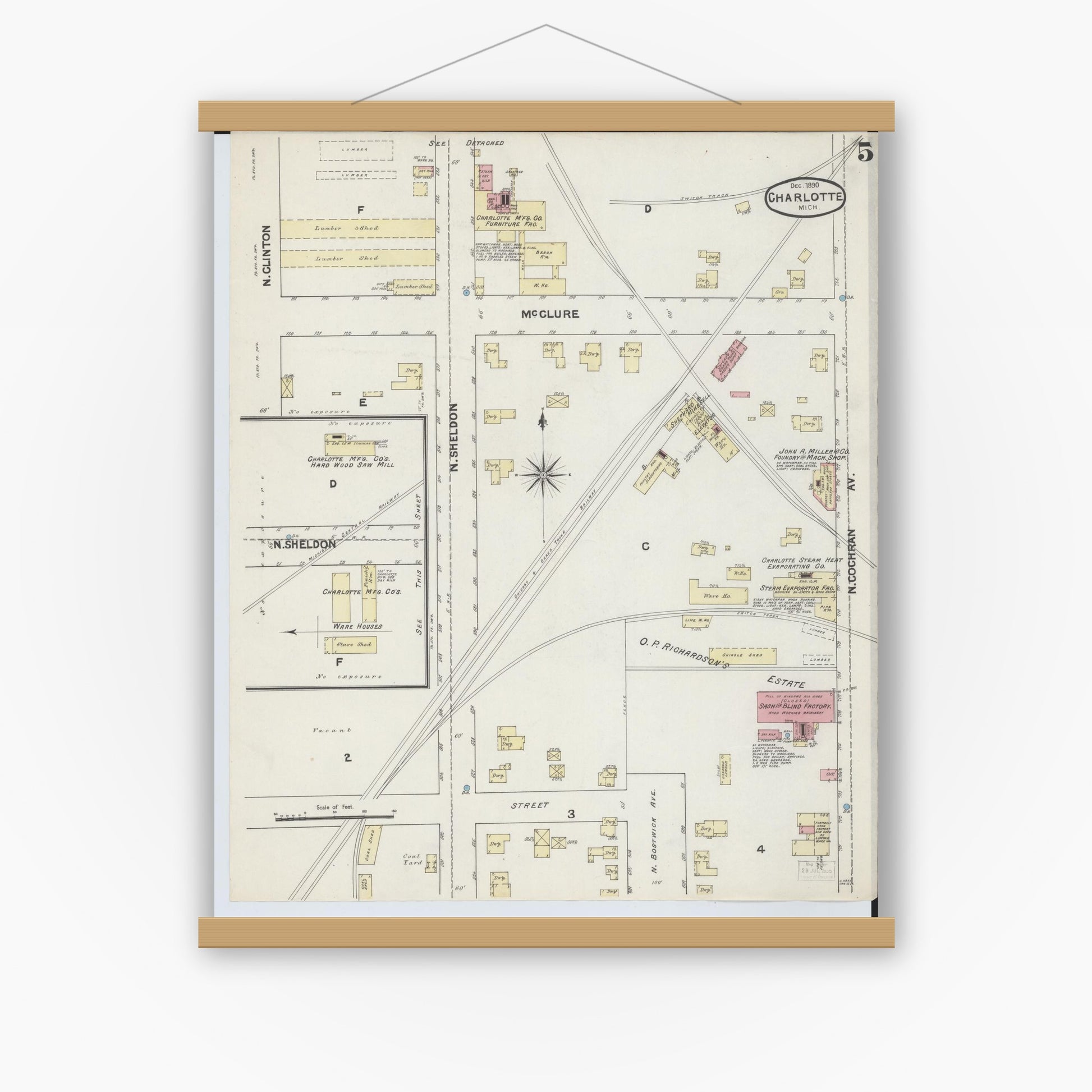 Old map wall art mockup — magnetic wood frame on white wall — Sanborn Fire Insurance Map from Charlotte, Eaton County, Michigan (1890), Sheet #0005