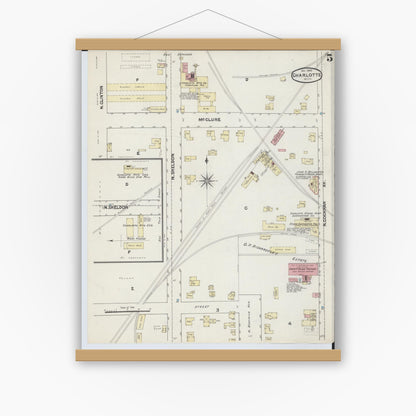 Old map wall art mockup — magnetic wood frame on white wall — Sanborn Fire Insurance Map from Charlotte, Eaton County, Michigan (1890), Sheet #0005