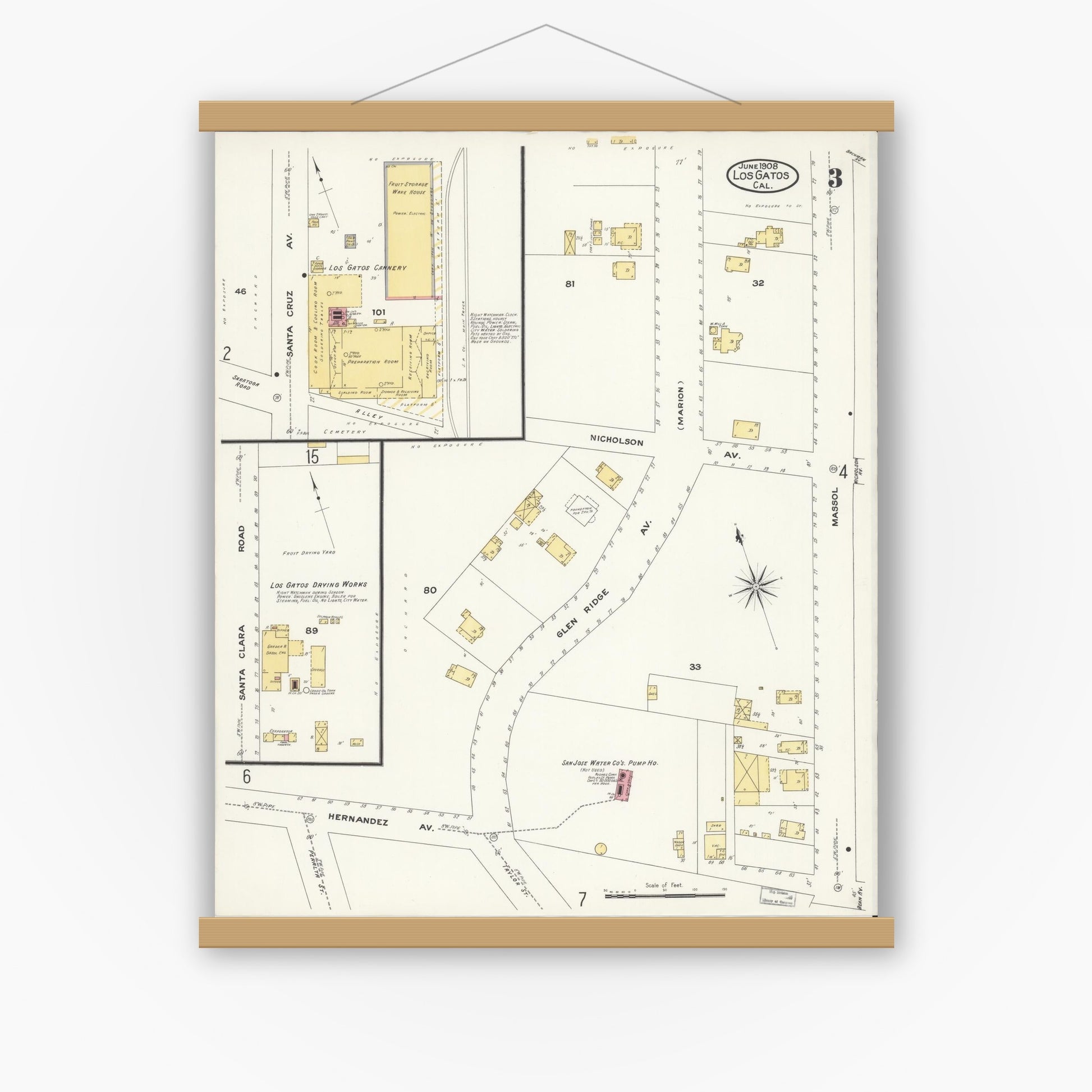 Old map wall art mockup — magnetic wood frame on white wall — Sanborn Fire Insurance Map from Los Gatos, Santa Clara County, California (1908), Sheet #0003