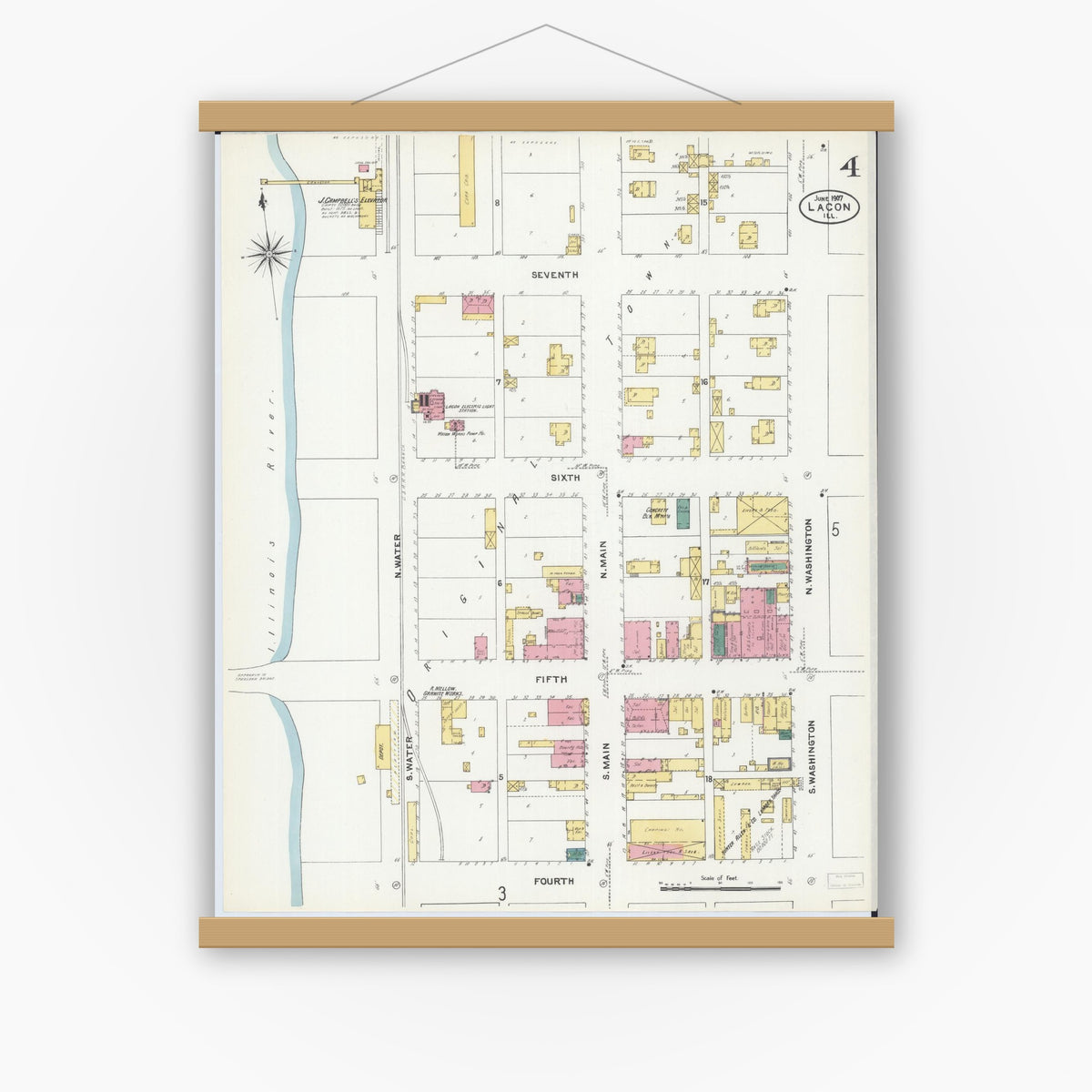 Old map wall art mockup — magnetic wood frame on white wall — Sanborn Fire Insurance Map from Lacon, Marshall County, Illinois (1907), Sheet #0004