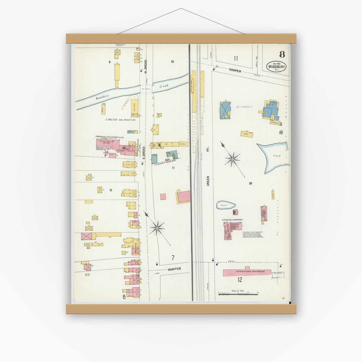 Old map wall art mockup — magnetic wood frame on white wall — Sanborn Fire Insurance Map from Woodbury, Gloucester County, New Jersey (1902), Sheet #0008