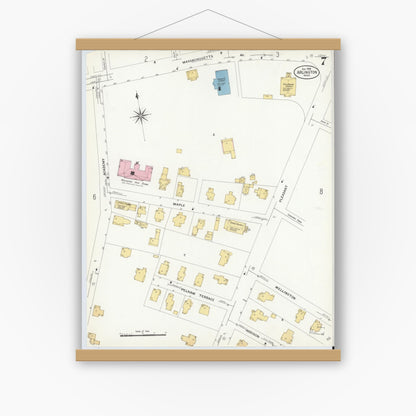 Old map wall art mockup — magnetic wood frame on white wall — Sanborn Fire Insurance Map from Arlington, Middlesex County, Massachusetts (1908), Sheet #0007