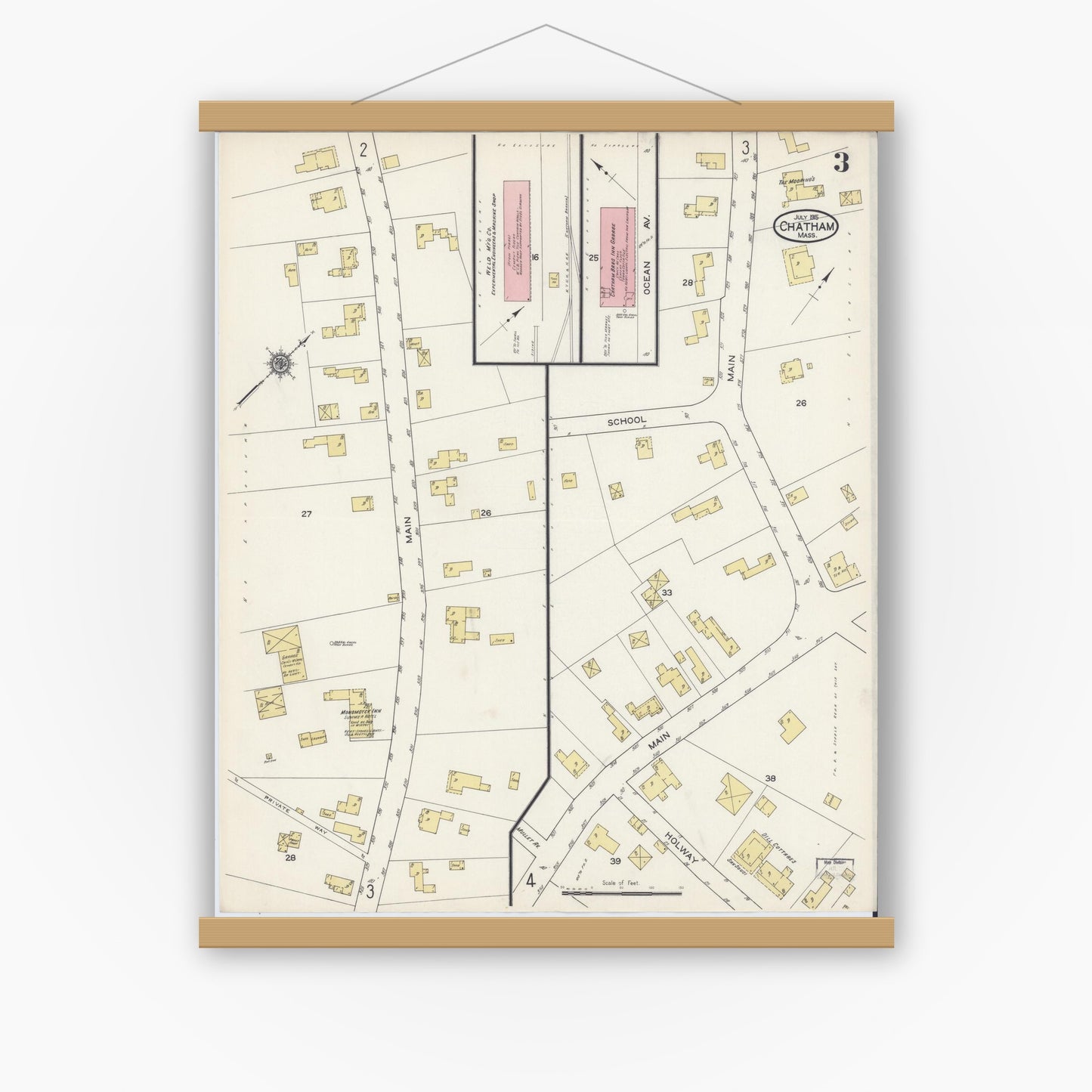 Old map wall art mockup — magnetic wood frame on white wall — Sanborn Fire Insurance Map from Chatham, Barnstable County, Massachusetts (1915), Sheet #0003