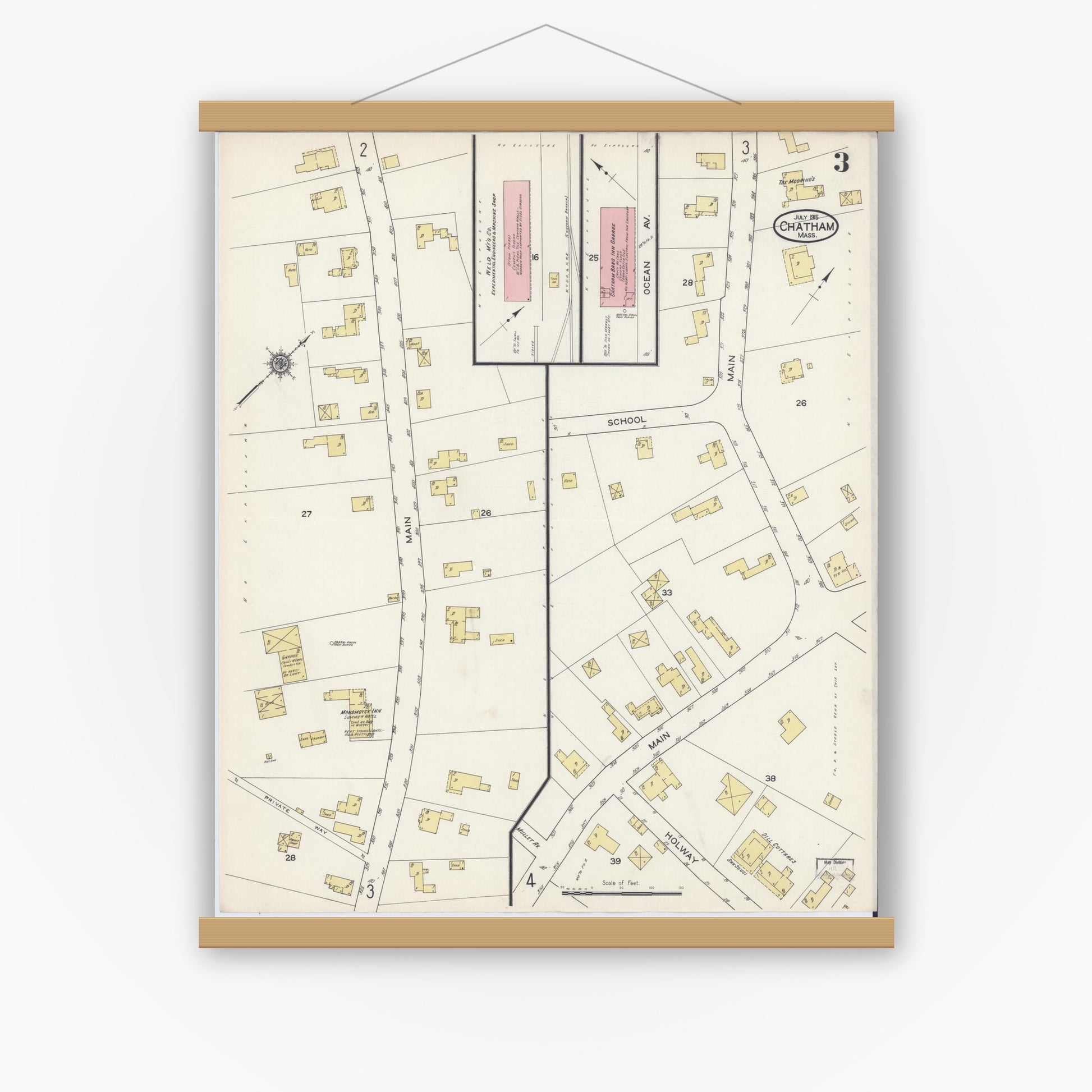 Old map wall art mockup — magnetic wood frame on white wall — Sanborn Fire Insurance Map from Chatham, Barnstable County, Massachusetts (1915), Sheet #0003