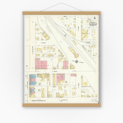 Old map wall art mockup — magnetic wood frame on white wall — Sanborn Fire Insurance Map from San Marcos, Hays County, Texas (1912), Sheet #0005