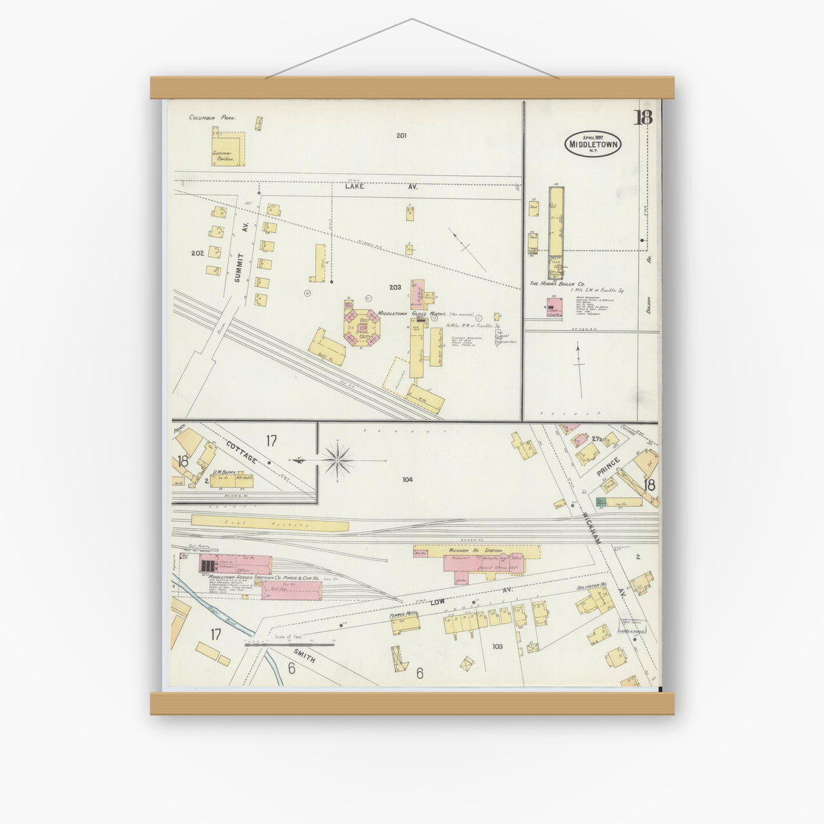 Old map wall art mockup — magnetic wood frame on white wall — Sanborn Fire Insurance Map from Middletown, Orange County, New York (1897), Sheet #0018