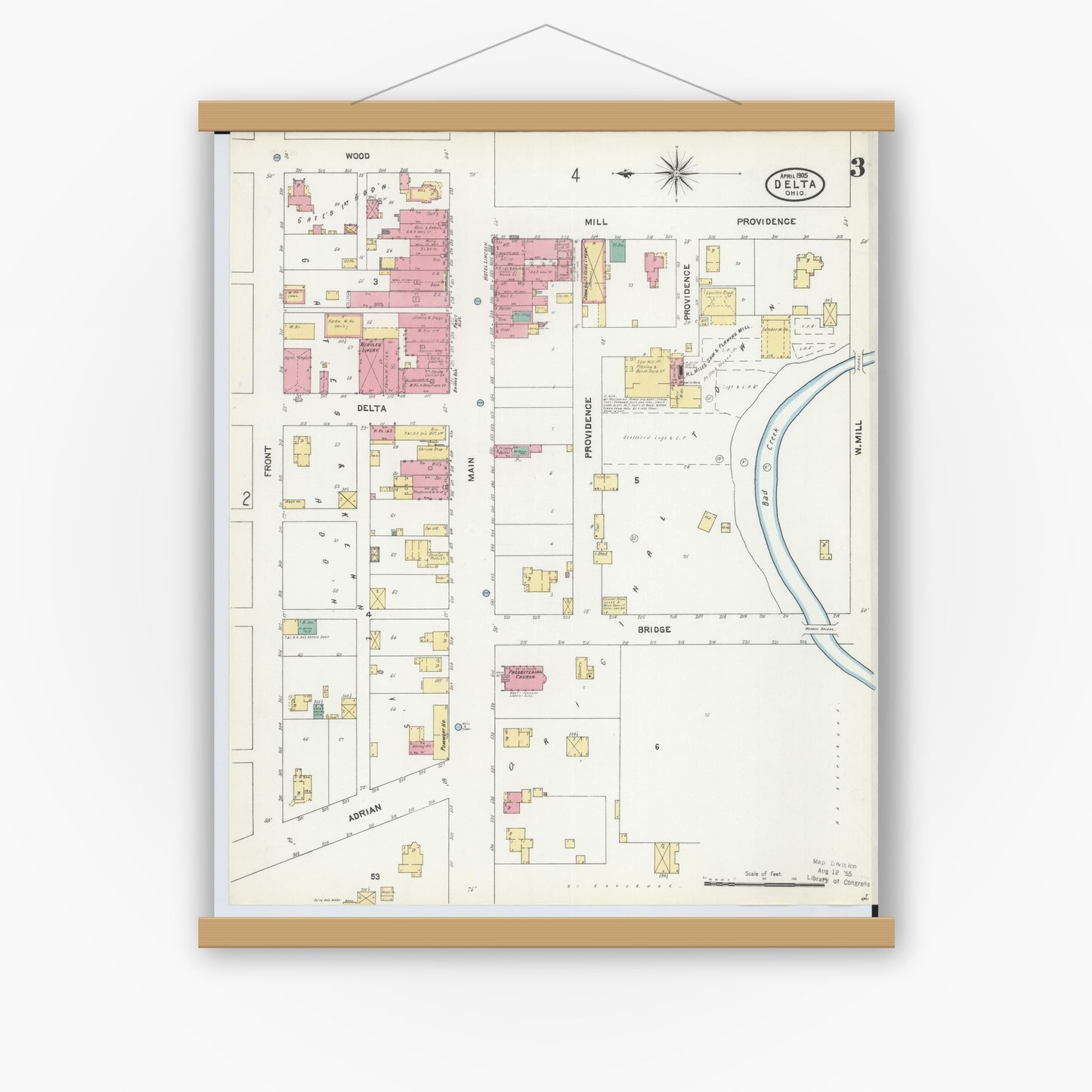 Old map wall art mockup — magnetic wood frame on white wall — Sanborn Fire Insurance Map from Delta, Fulton County, Ohio (1905), Sheet #0003