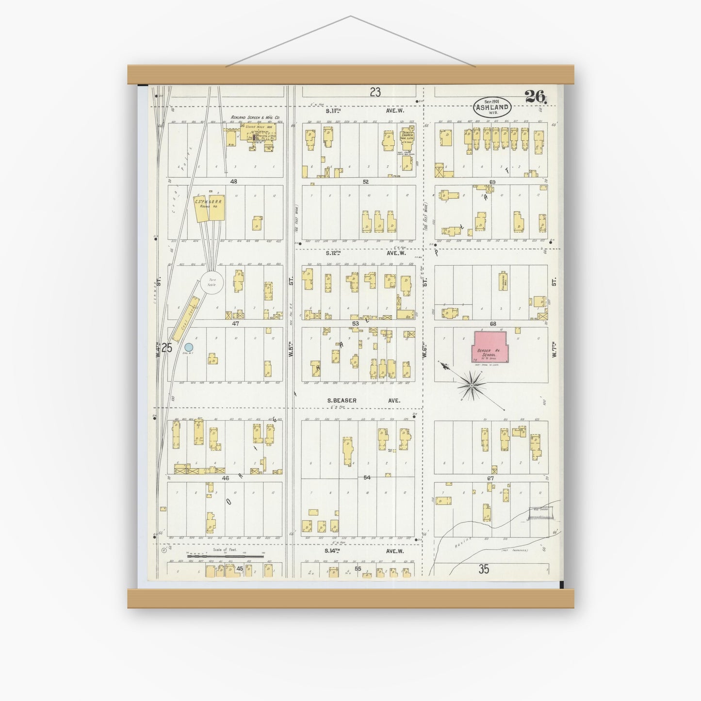 Old map wall art mockup — magnetic wood frame on white wall — Sanborn Fire Insurance Map from Ashland, Ashland County, Wisconsin (1901), Sheet #0026