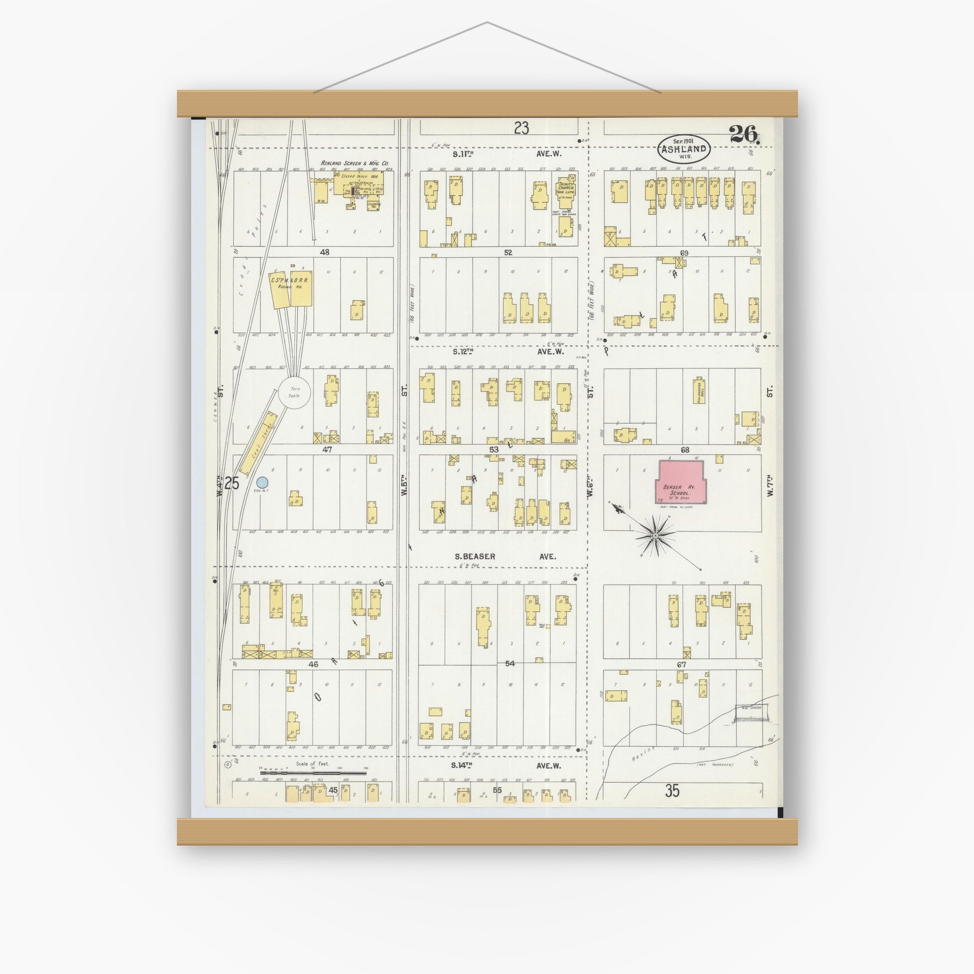 Old map wall art mockup — magnetic wood frame on white wall — Sanborn Fire Insurance Map from Ashland, Ashland County, Wisconsin (1901), Sheet #0026