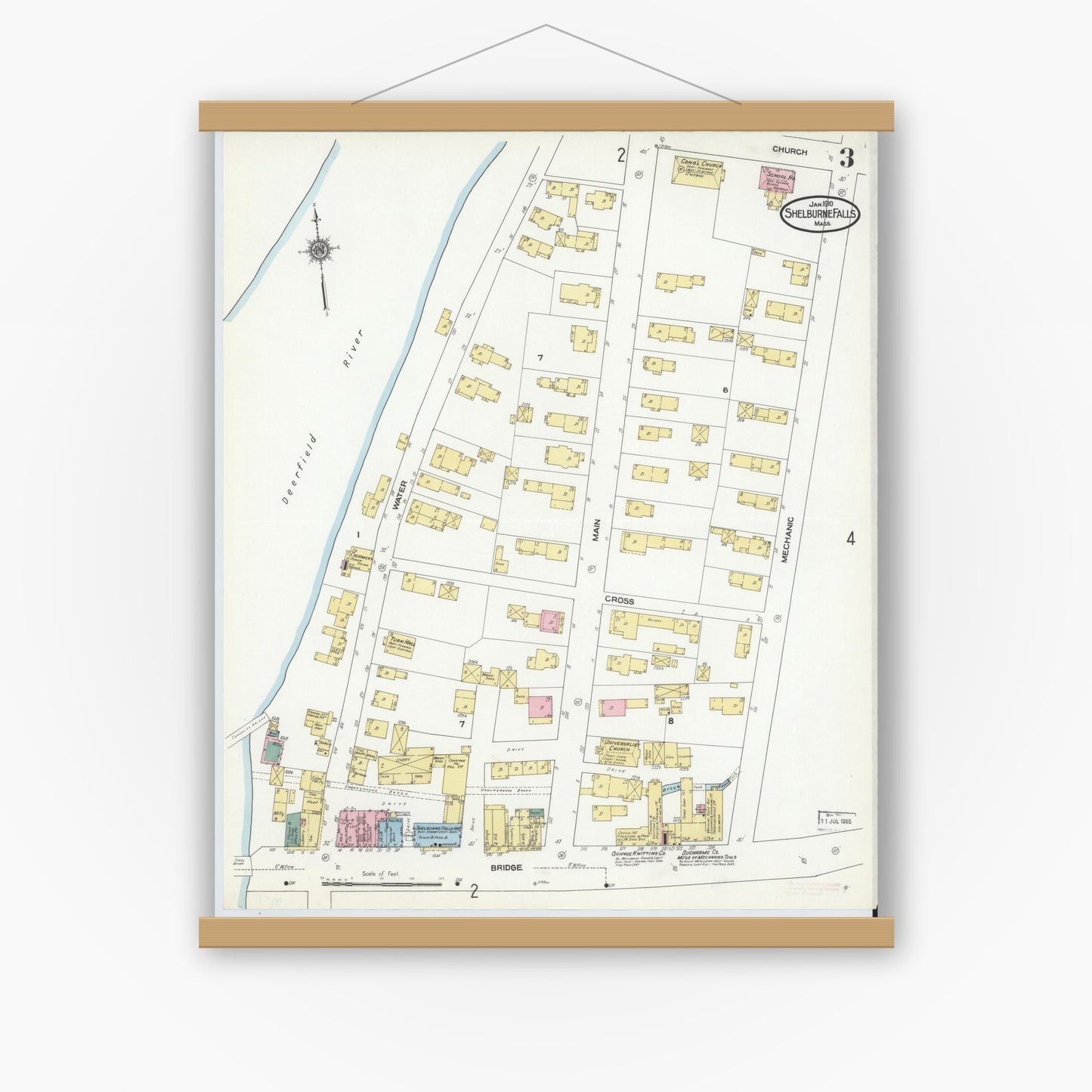 Old map wall art mockup — magnetic wood frame on white wall — Sanborn Fire Insurance Map from Shelburne Falls, Franklin County, Massachusetts (1910), Sheet #0003