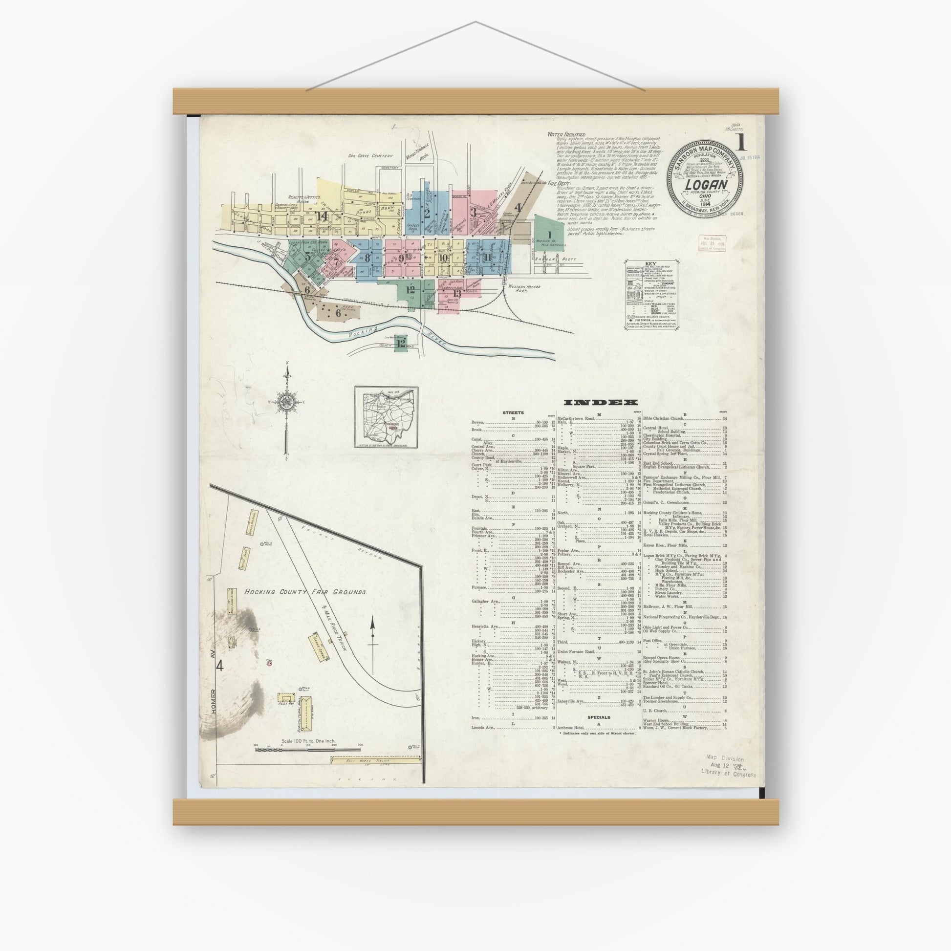 Old map wall art mockup — magnetic wood frame on white wall — Sanborn Fire Insurance Map from Logan, Hocking County, Ohio (1914), Sheet #0001