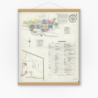 Old map wall art mockup — magnetic wood frame on white wall — Sanborn Fire Insurance Map from Logan, Hocking County, Ohio (1914), Sheet #0001
