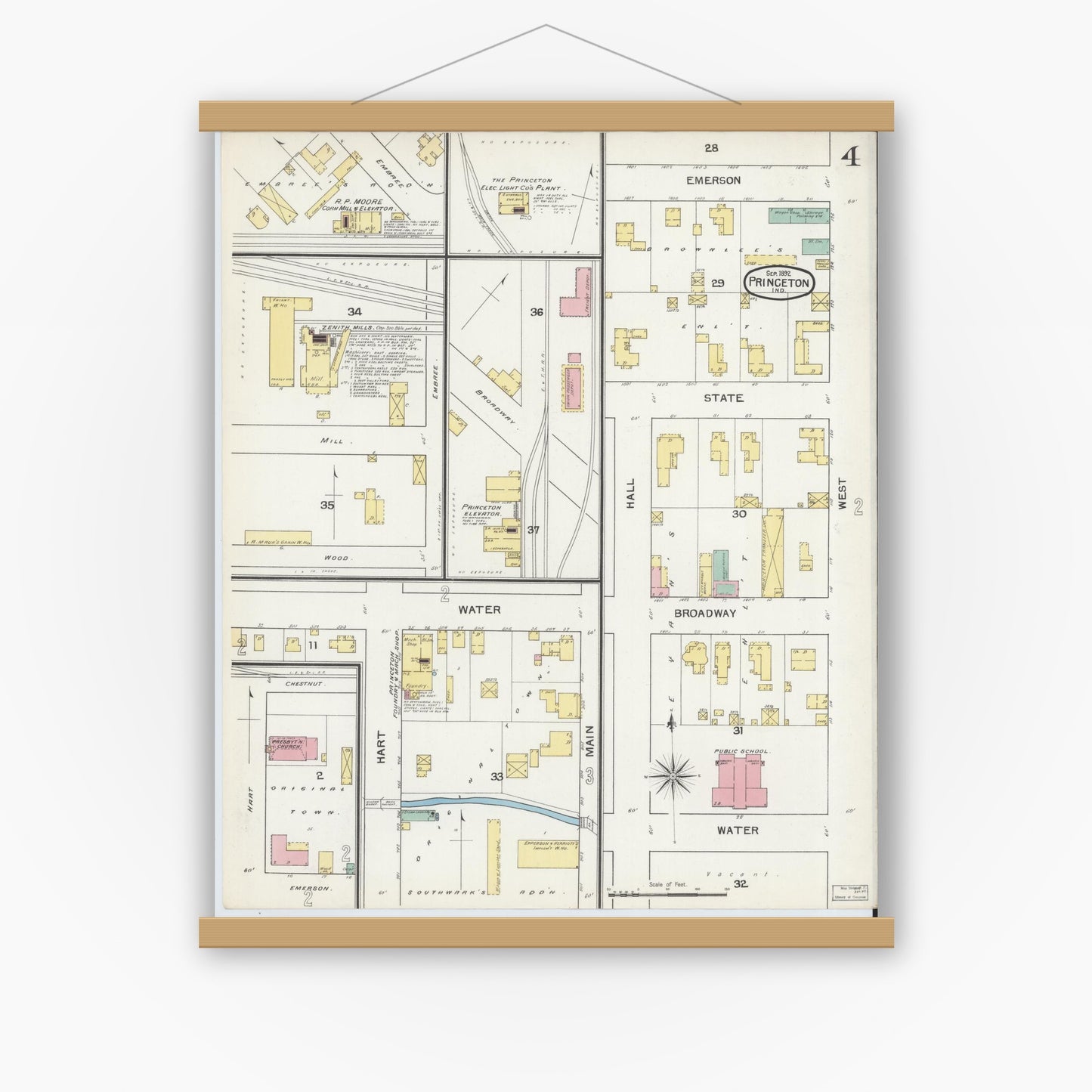 Old map wall art mockup — magnetic wood frame on white wall — Sanborn Fire Insurance Map from Princeton, Gibson County, Indiana (1892), Sheet #0004