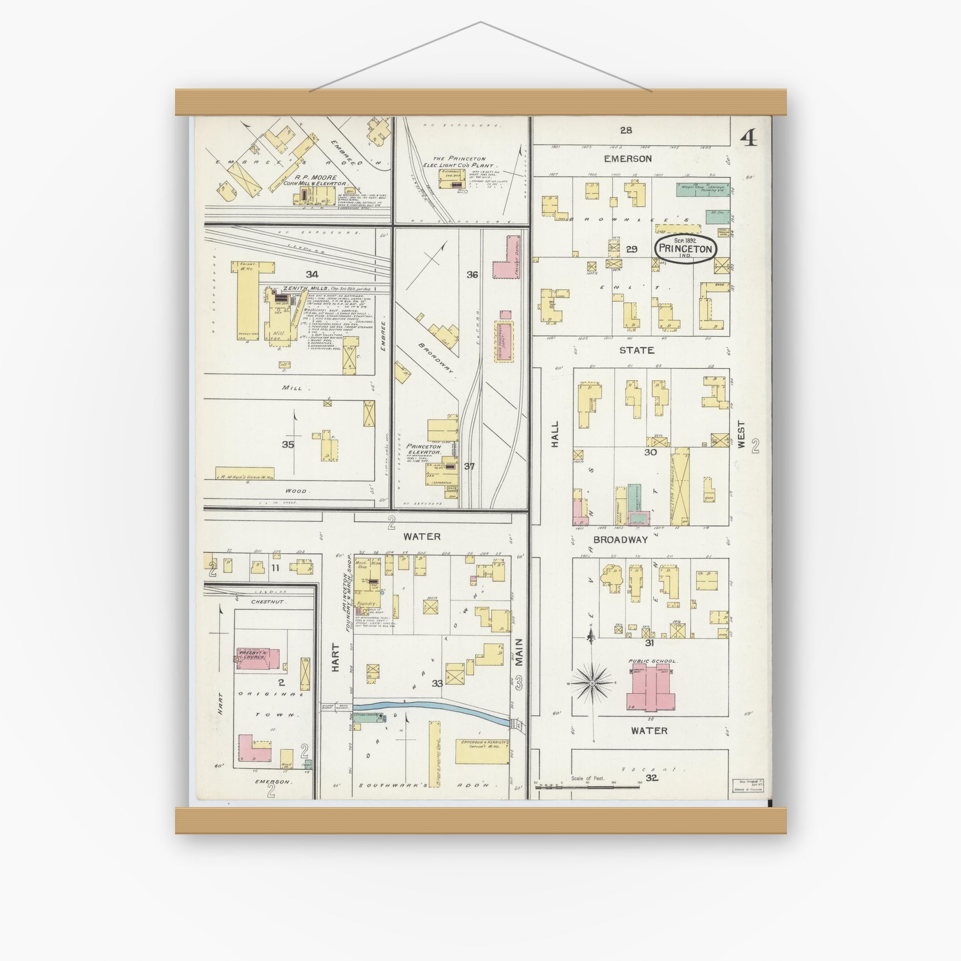 Old map wall art mockup — magnetic wood frame on white wall — Sanborn Fire Insurance Map from Princeton, Gibson County, Indiana (1892), Sheet #0004
