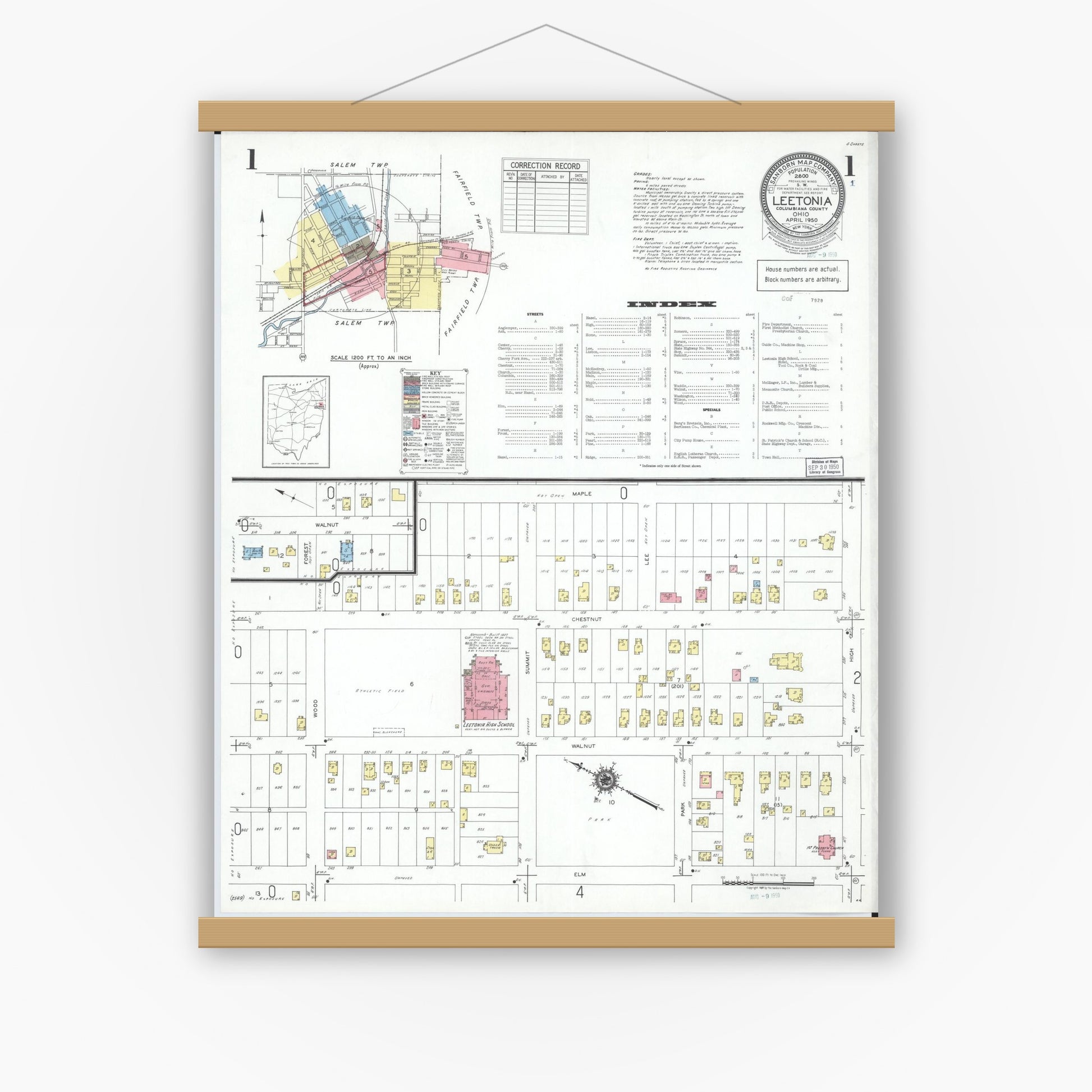 Old map wall art mockup — magnetic wood frame on white wall — Sanborn Fire Insurance Map from Leetonia, Columbiana County, Ohio (1950) - Complete Map Set