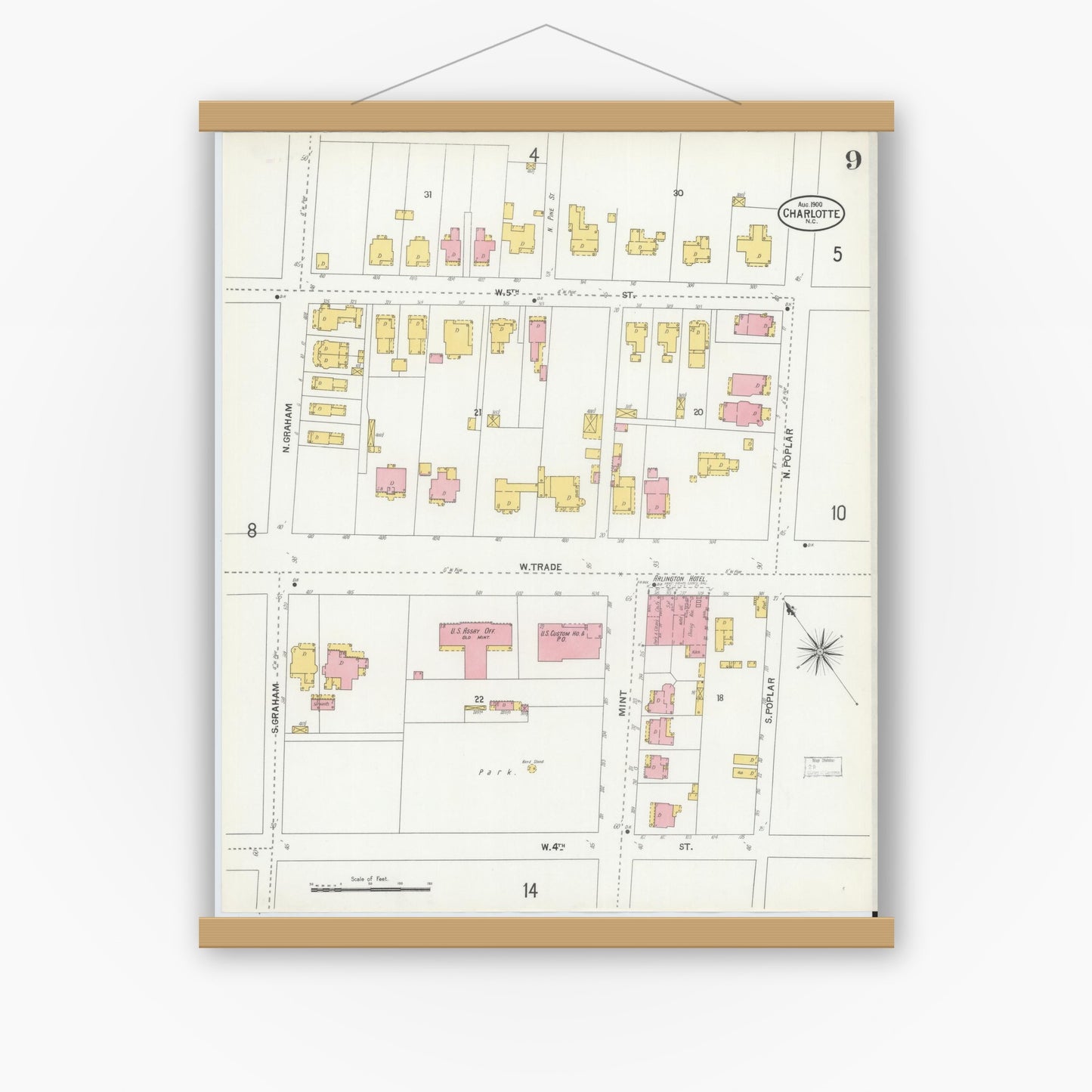 Old map wall art mockup — magnetic wood frame on white wall — Sanborn Fire Insurance Map from Charlotte, Mecklenburg County, North Carolina (1900), Sheet #0009