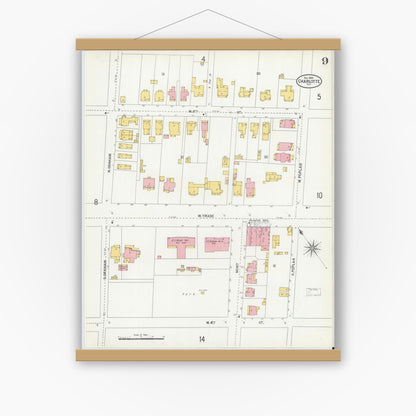 Old map wall art mockup — magnetic wood frame on white wall — Sanborn Fire Insurance Map from Charlotte, Mecklenburg County, North Carolina (1900), Sheet #0009