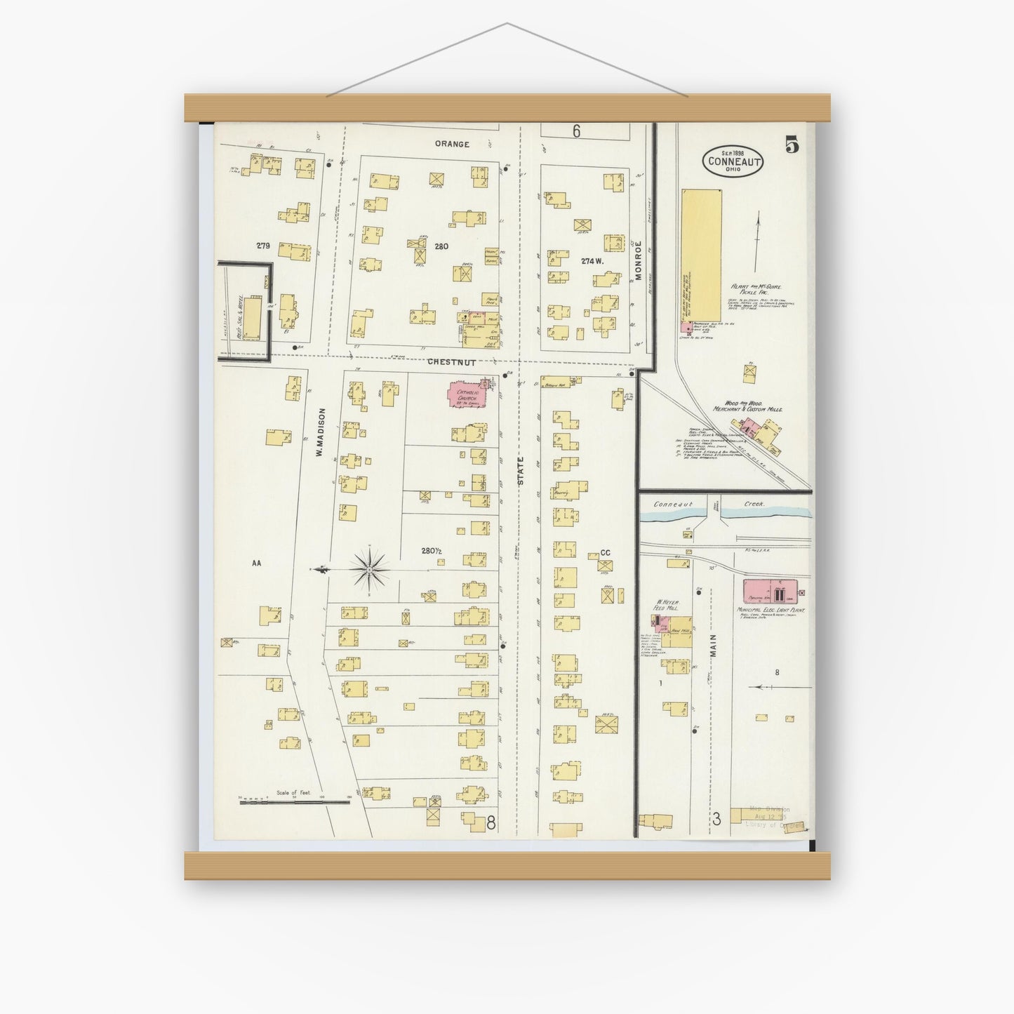 Old map wall art mockup — magnetic wood frame on white wall — Sanborn Fire Insurance Map from Conneaut, Ashtabula County, Ohio (1898), Sheet #0005