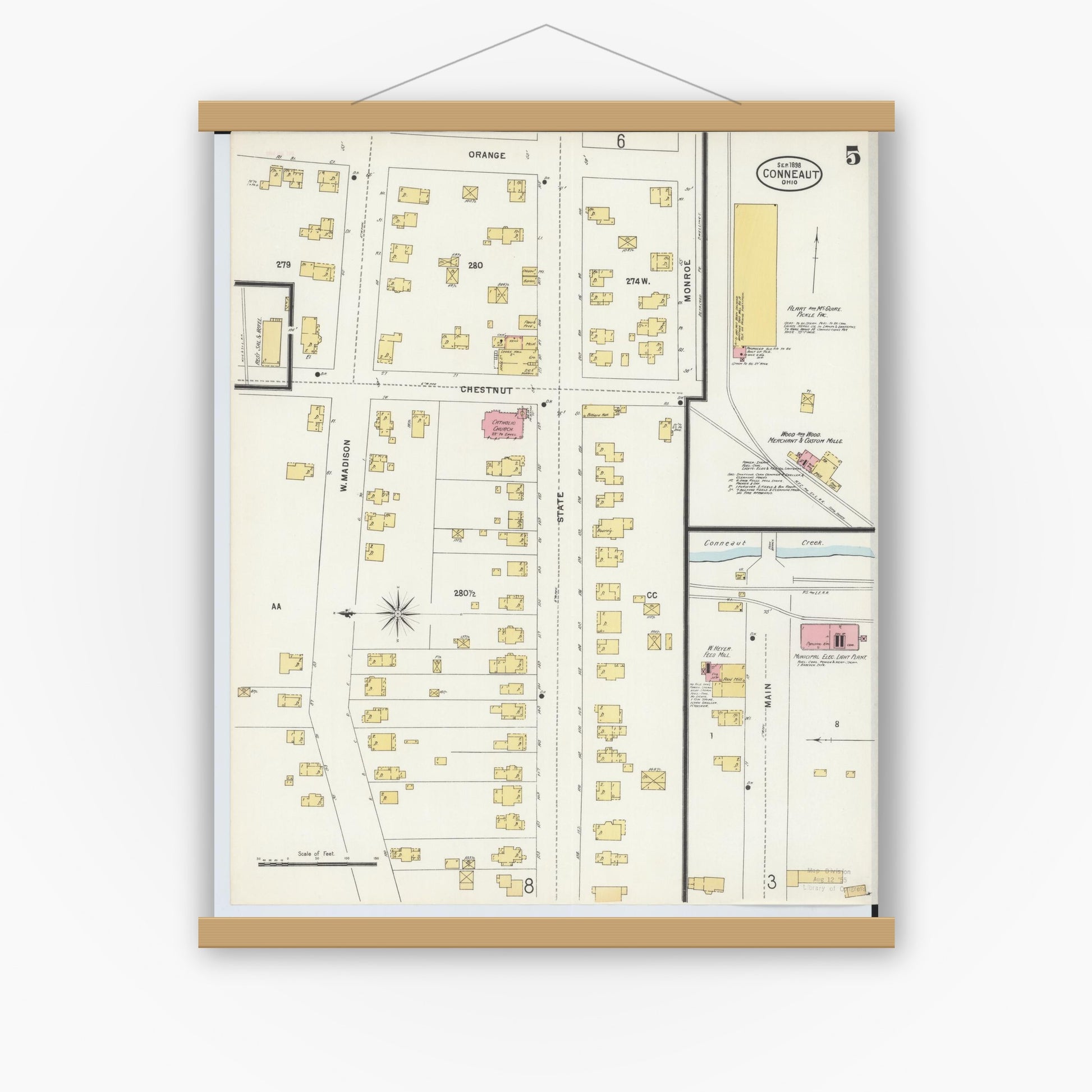 Old map wall art mockup — magnetic wood frame on white wall — Sanborn Fire Insurance Map from Conneaut, Ashtabula County, Ohio (1898), Sheet #0005