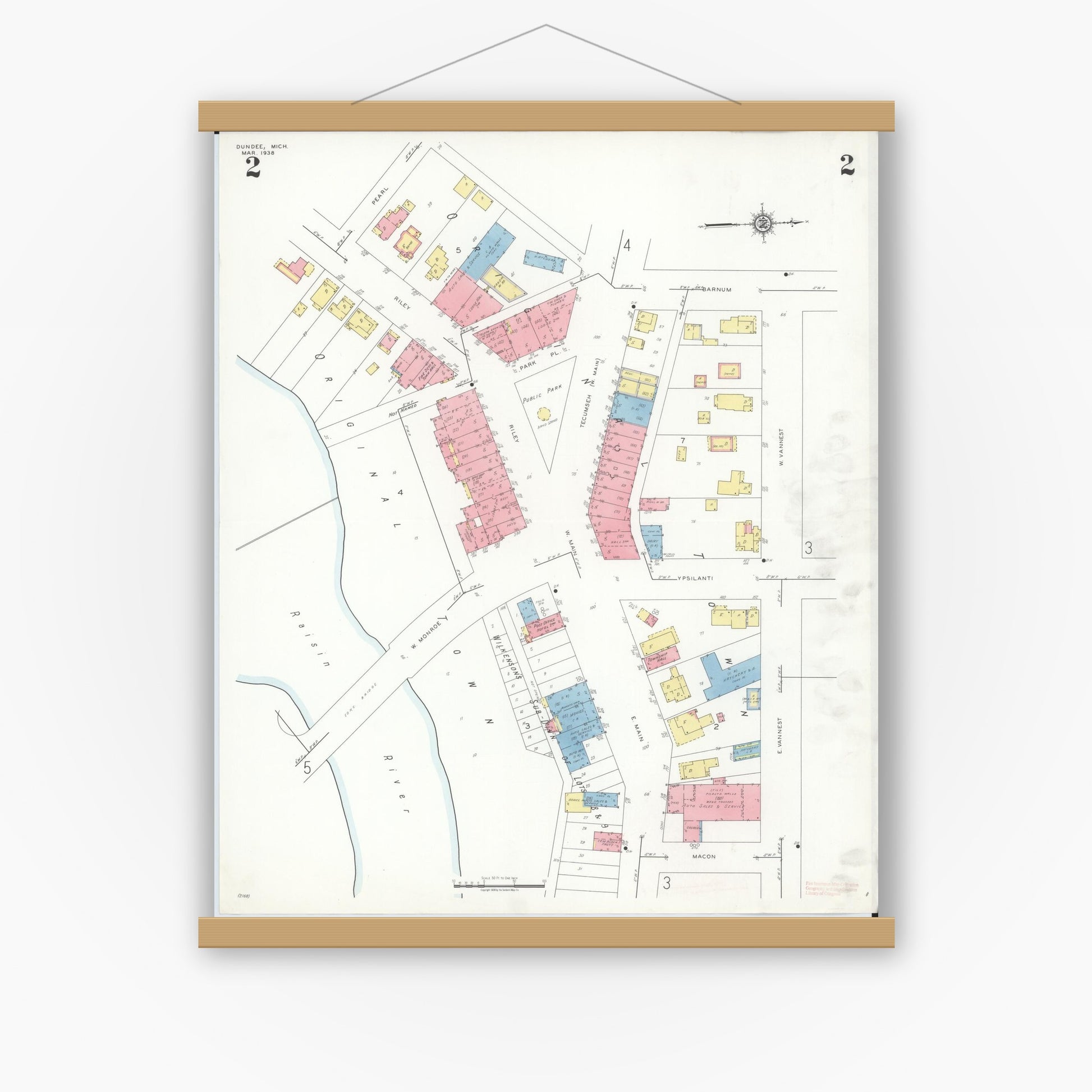 Old map wall art mockup — magnetic wood frame on white wall — Sanborn Fire Insurance Map from Dundee, Monroe County, Michigan (1938), Sheet #0002