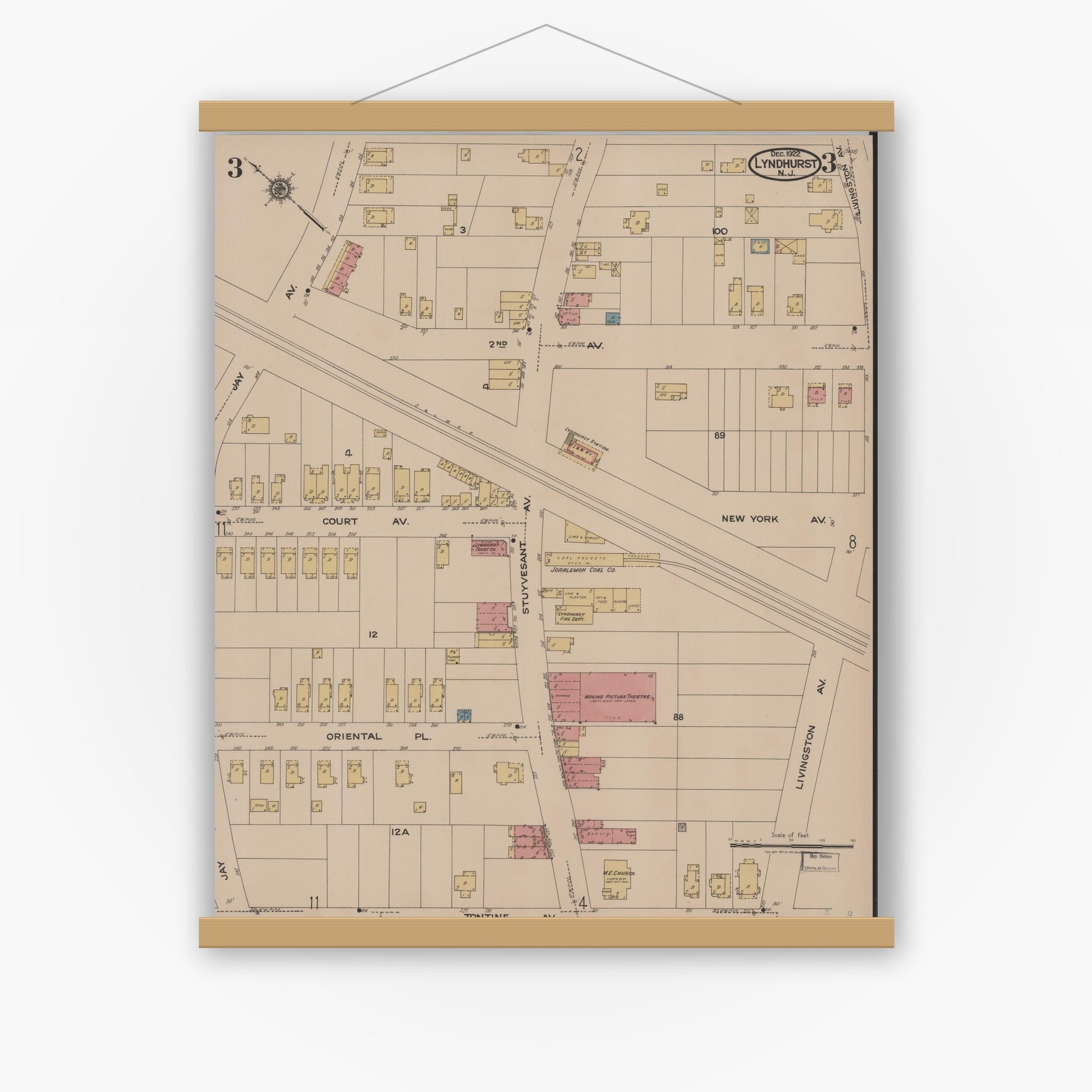 Old map wall art mockup — magnetic wood frame on white wall — Sanborn Fire Insurance Map from Lyndhurst, Bergen County, New Jersey (1922), Sheet #0003