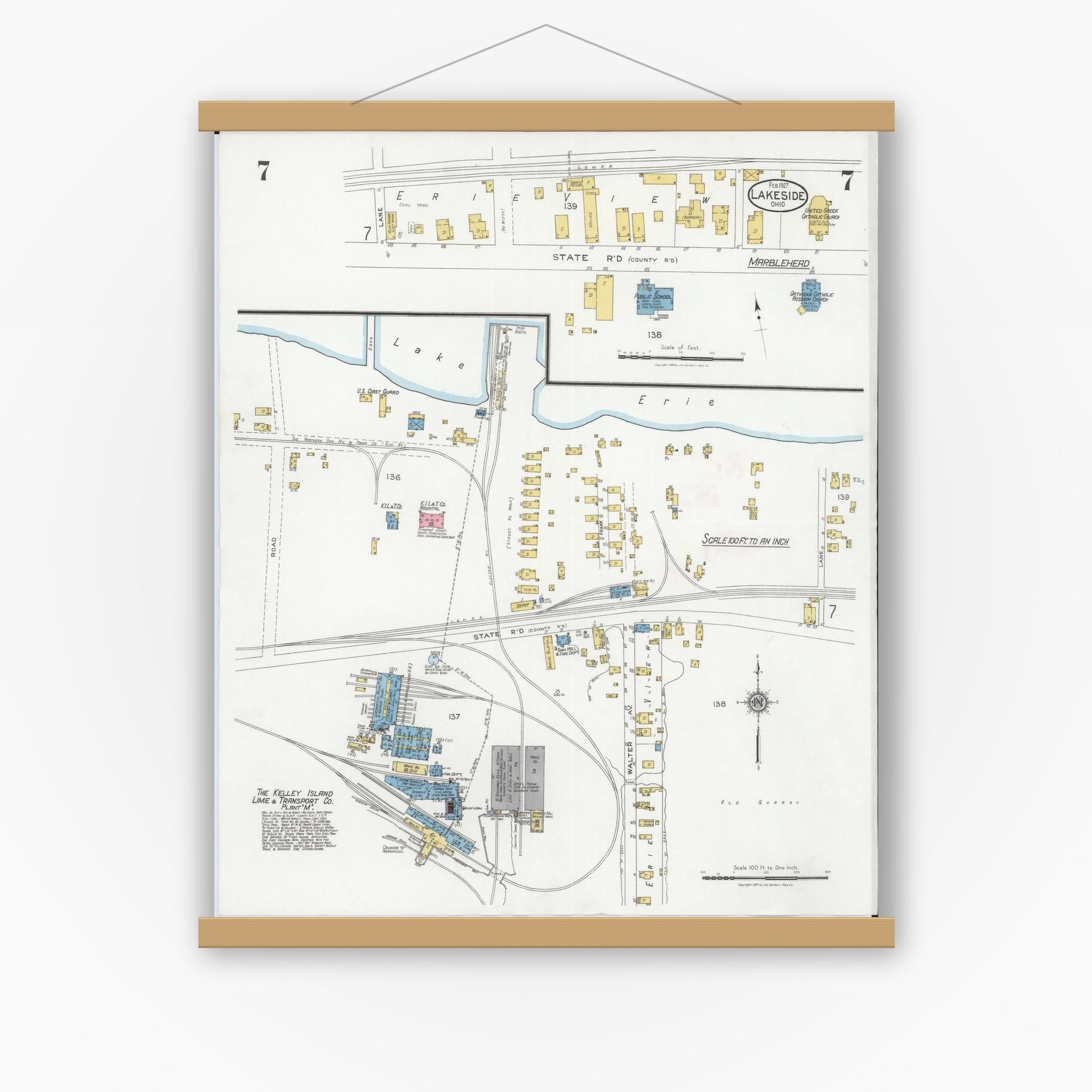 Old map wall art mockup — magnetic wood frame on white wall — Sanborn Fire Insurance Map from Lakeside, Ottawa County, Ohio (1927), Sheet #0007