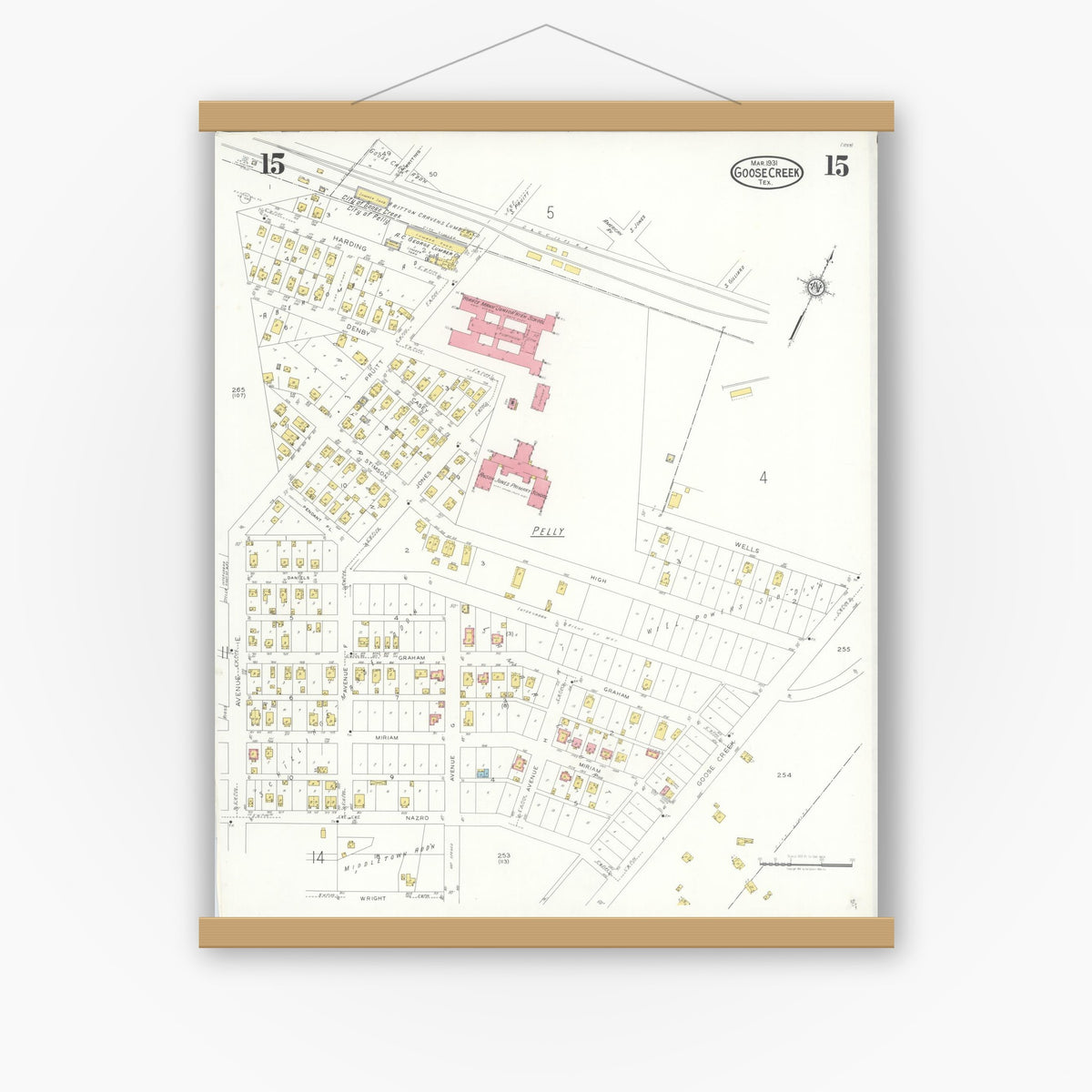 Old map wall art mockup — magnetic wood frame on white wall — Sanborn Fire Insurance Map from Goose Creek, Harris County, Texas (1931), Sheet #0015