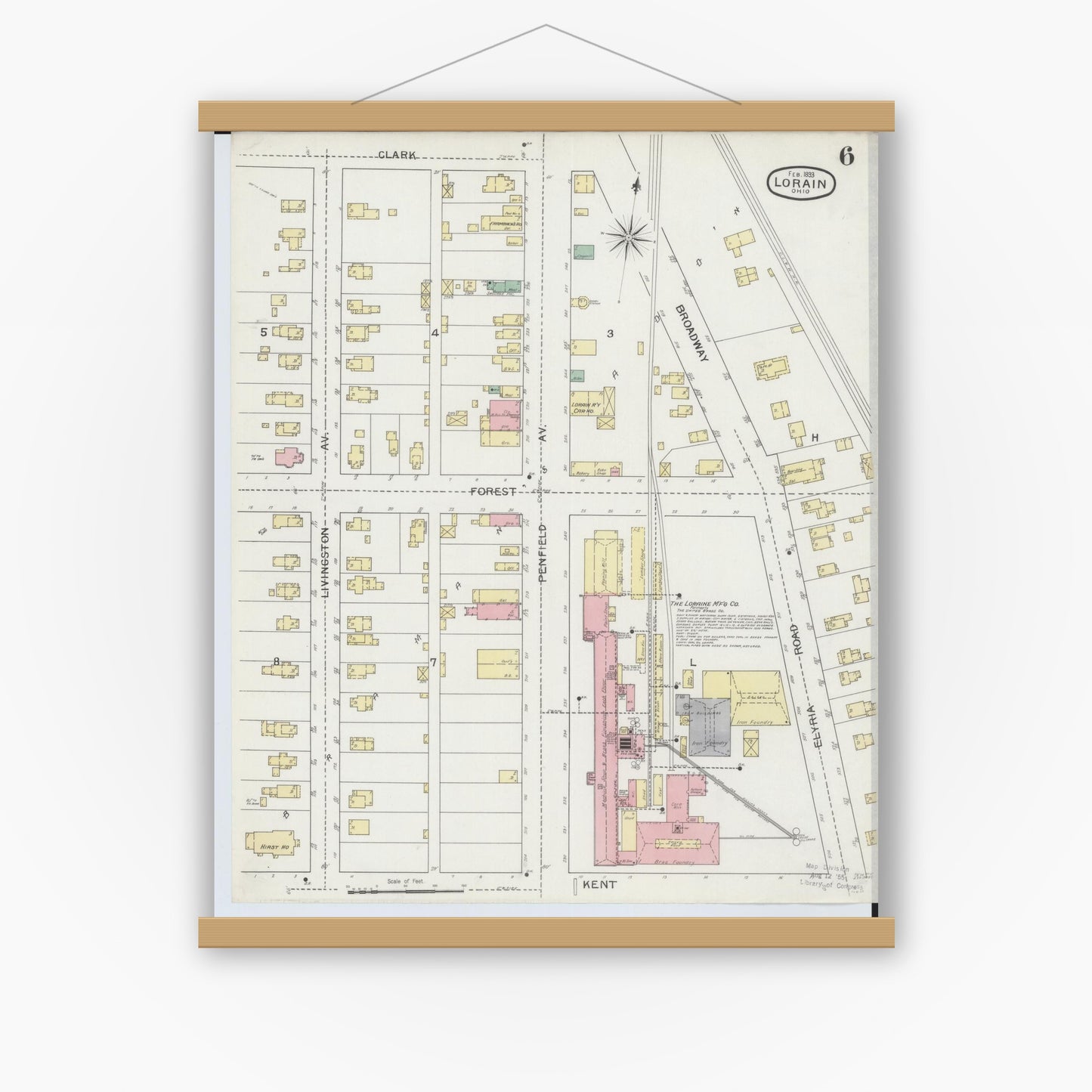 Old map wall art mockup — magnetic wood frame on white wall — Sanborn Fire Insurance Map from Lorain, Lorain County, Ohio (1893), Sheet #0006