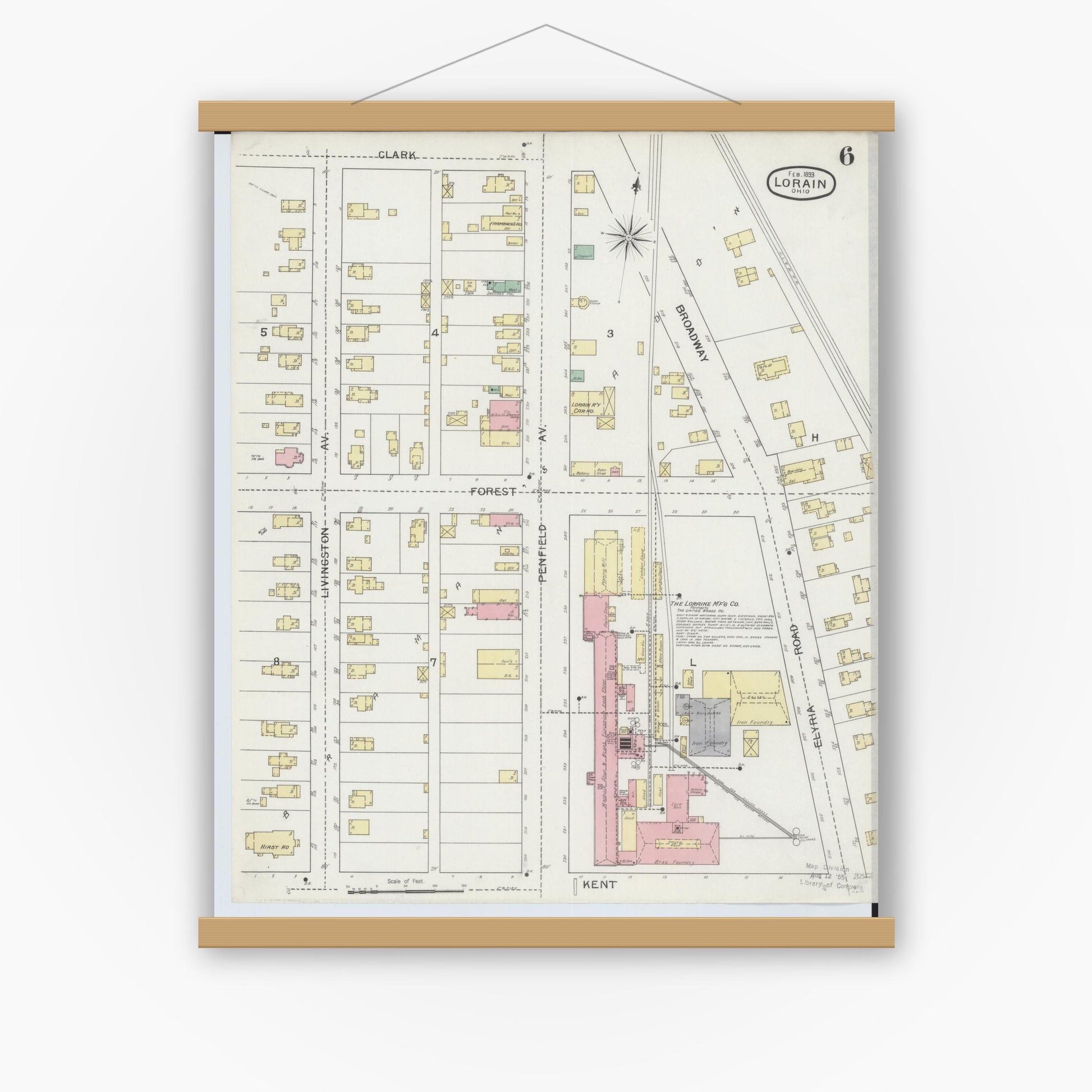 Old map wall art mockup — magnetic wood frame on white wall — Sanborn Fire Insurance Map from Lorain, Lorain County, Ohio (1893), Sheet #0006