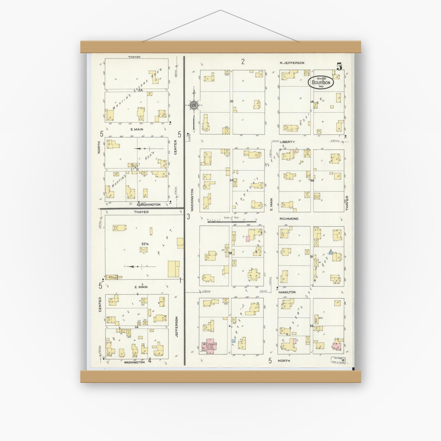 Old map wall art mockup — magnetic wood frame on white wall — Sanborn Fire Insurance Map from Bourbon, Marshall County, Indiana (1910), Sheet #0005