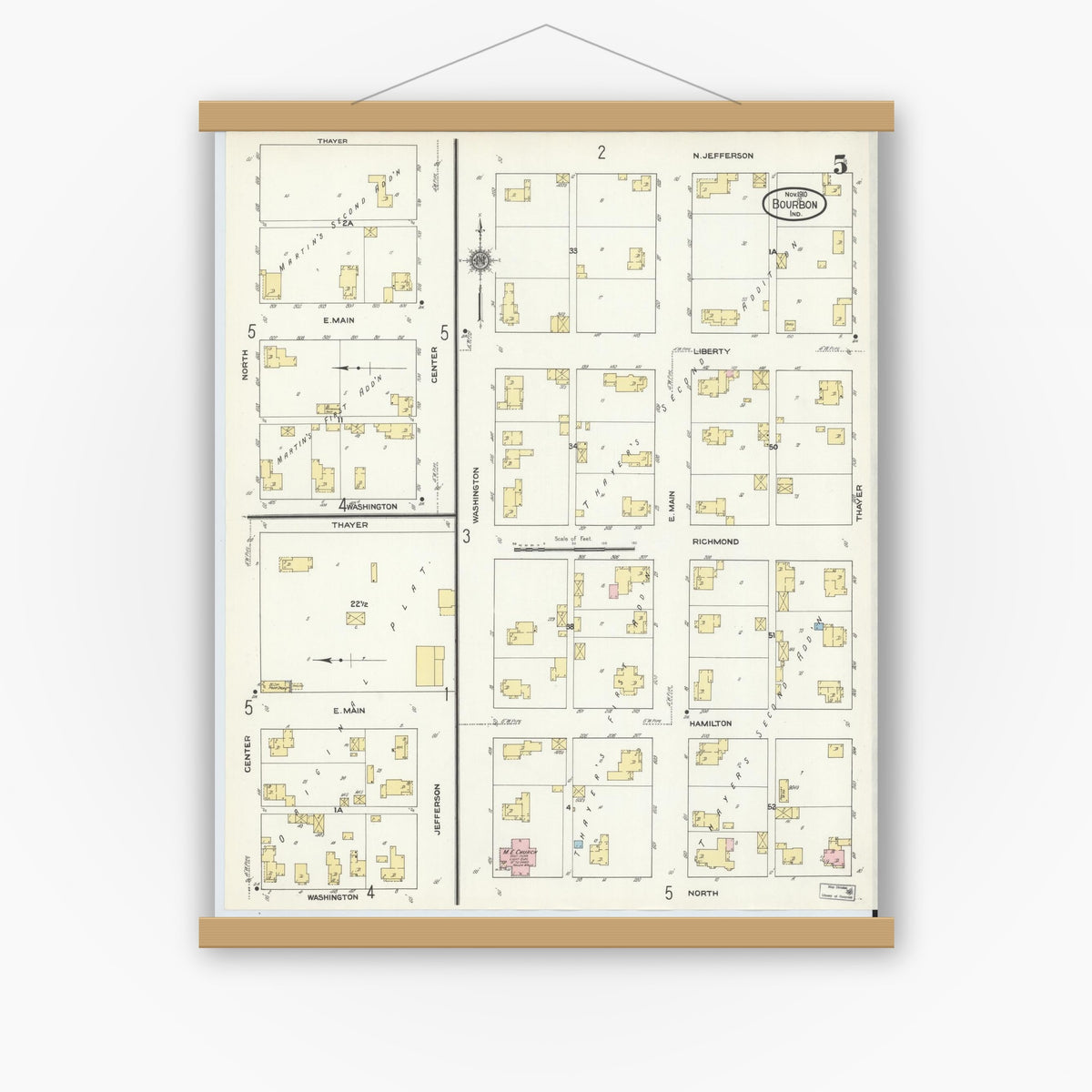 Old map wall art mockup — magnetic wood frame on white wall — Sanborn Fire Insurance Map from Bourbon, Marshall County, Indiana (1910), Sheet #0005