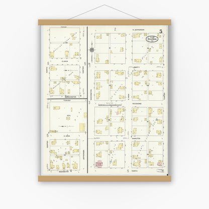 Old map wall art mockup — magnetic wood frame on white wall — Sanborn Fire Insurance Map from Bourbon, Marshall County, Indiana (1910), Sheet #0005