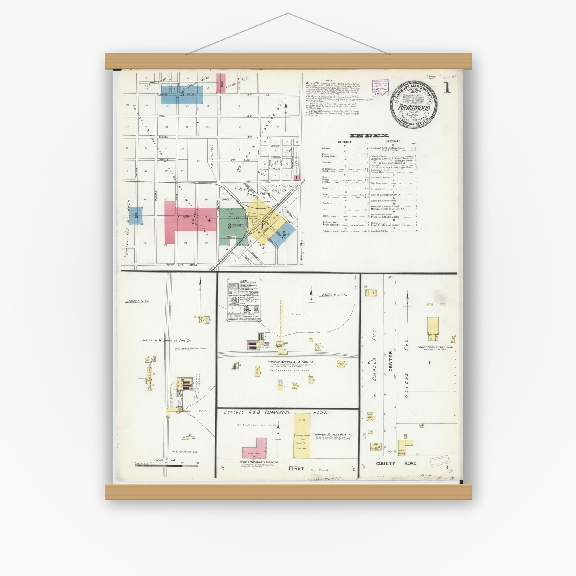 Old map wall art mockup — magnetic wood frame on white wall — Sanborn Fire Insurance Map from Braidwood, Will County, Illinois (1907), Sheet #0001