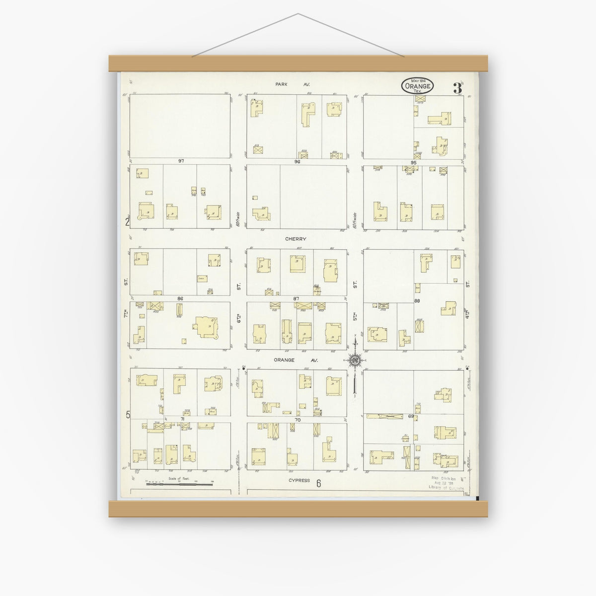 Old map wall art mockup — magnetic wood frame on white wall — Sanborn Fire Insurance Map from Orange, Orange County, Texas (1914), Sheet #0003