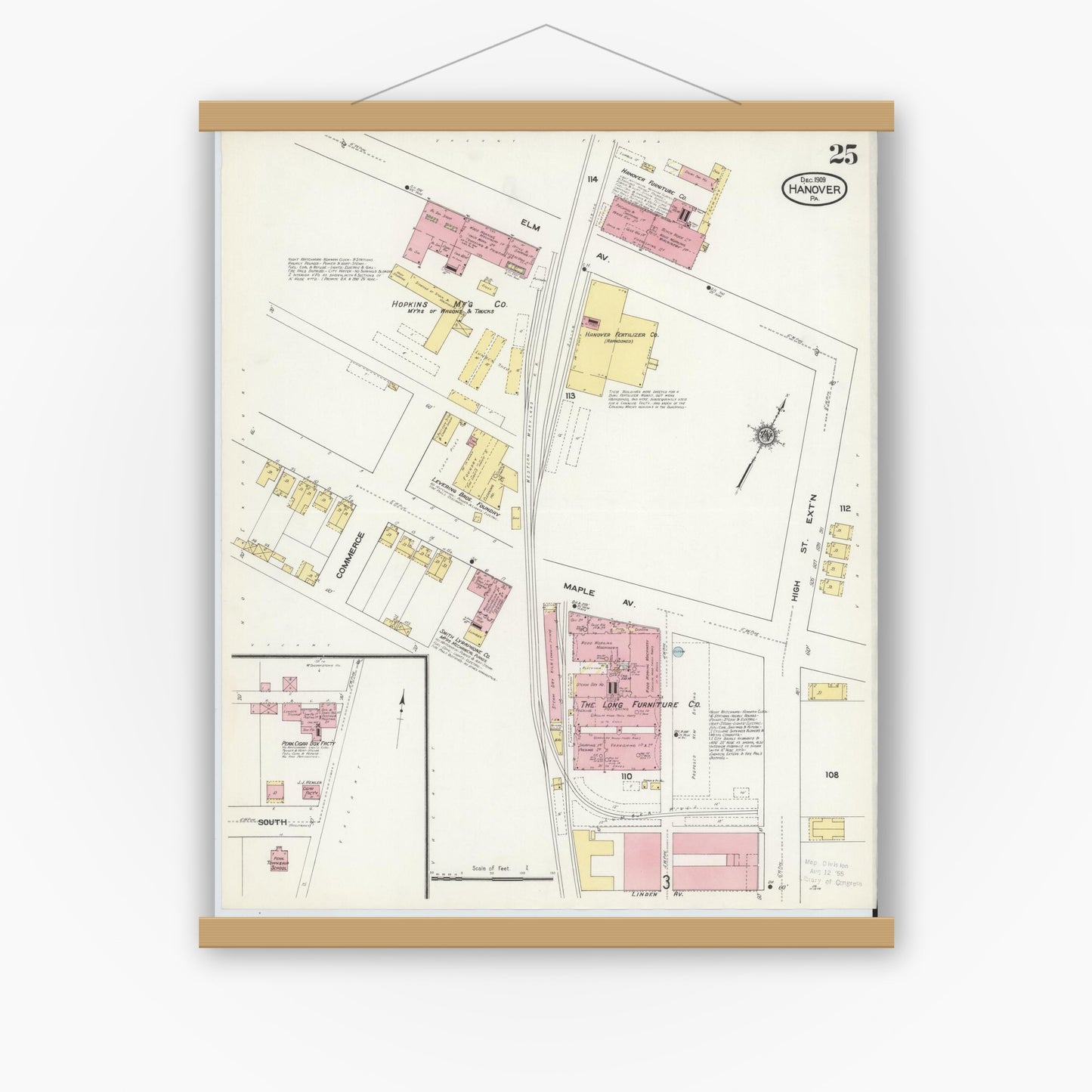 Old map wall art mockup — magnetic wood frame on white wall — Sanborn Fire Insurance Map from Hanover, York County, Pennsylvania (1909), Sheet #0025