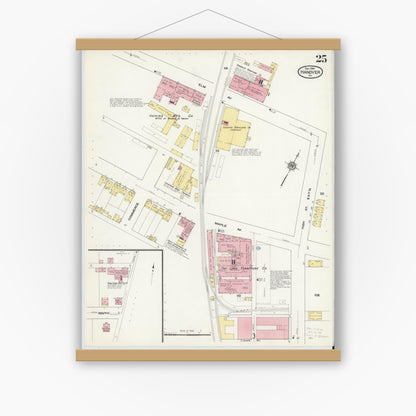 Old map wall art mockup — magnetic wood frame on white wall — Sanborn Fire Insurance Map from Hanover, York County, Pennsylvania (1909), Sheet #0025
